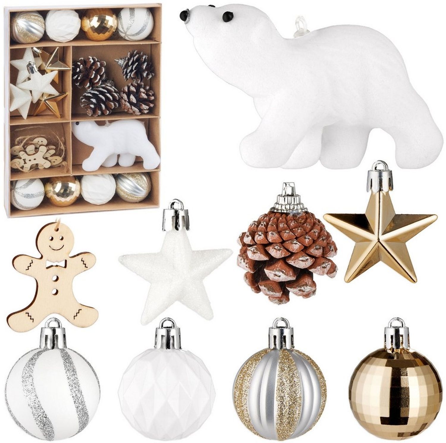 BRUBAKER Weihnachtsbaumkugel 24 Stück Christbaumschmuck mit Eisbär Kugel - Weihnachtskugel Set (24 St), Tannenzapfen, Lebkuchen,Sternen und Baumkugeln - Weiß, Gold und Braun Bild 1