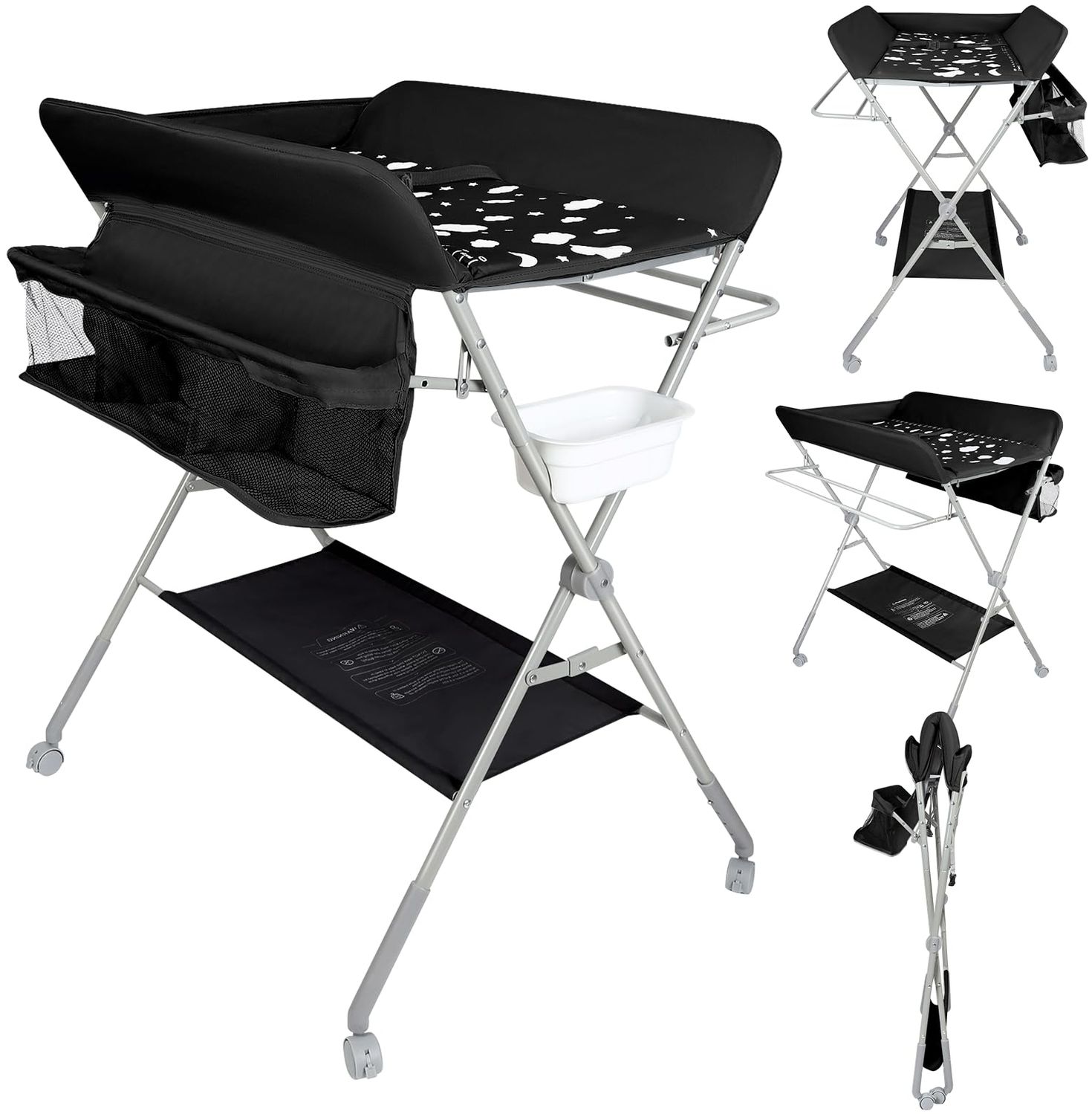 Wickeltisch, zusammenklappbar, mit Aufbewahrungskorb, Struktur aus Eisen, max. Belastung 25 kg, für Neugeborene, ergonomisches Design, Wickeltisch, 80 x 58 x 90 cm – Schwarz Bild 1