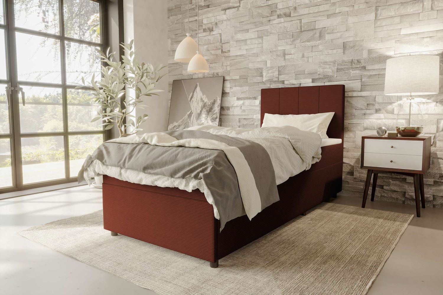 99rooms Kira Mini Boxspringbett Cordstoff POSO Terracotta 120x200 cm Bild 1