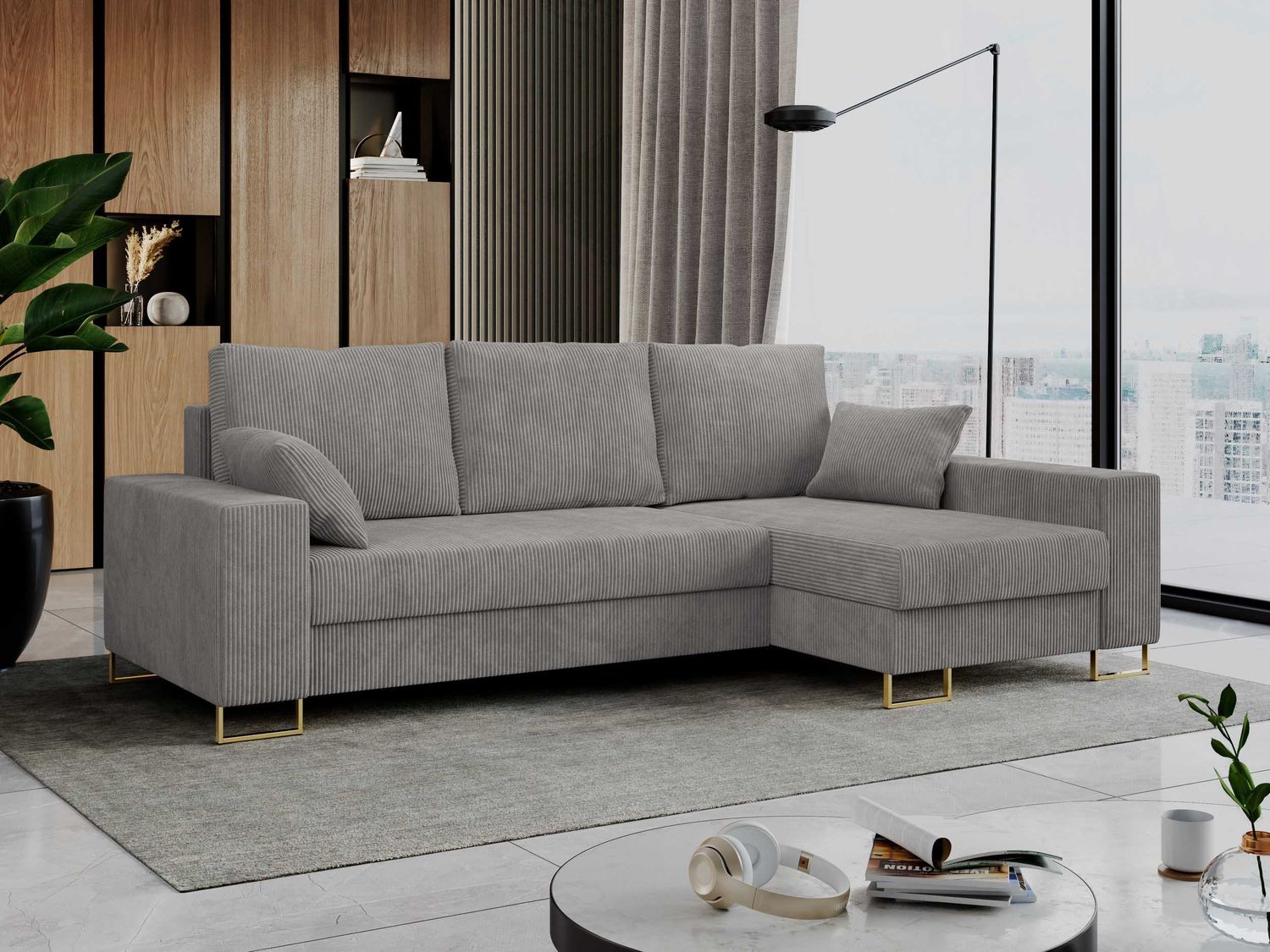 Mks Möbel 'Dorian L-Form' Ecksofa mit Bettkasten, 242 x 138 x 85 cm, Hellgrau, Cord Bild 1
