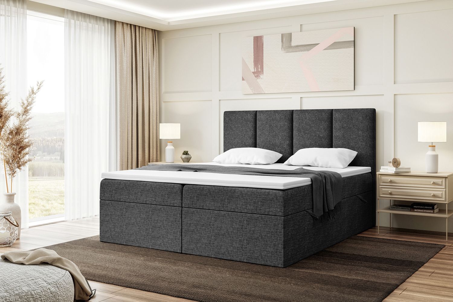 MEBLINI Boxspringbett CRISTIANO 180x220 cm mit Bettkasten - H3/Dunkelgrau Webstoff Polsterbett - Doppelbett mit Topper & Taschenfederkern-Matratze Bild 1