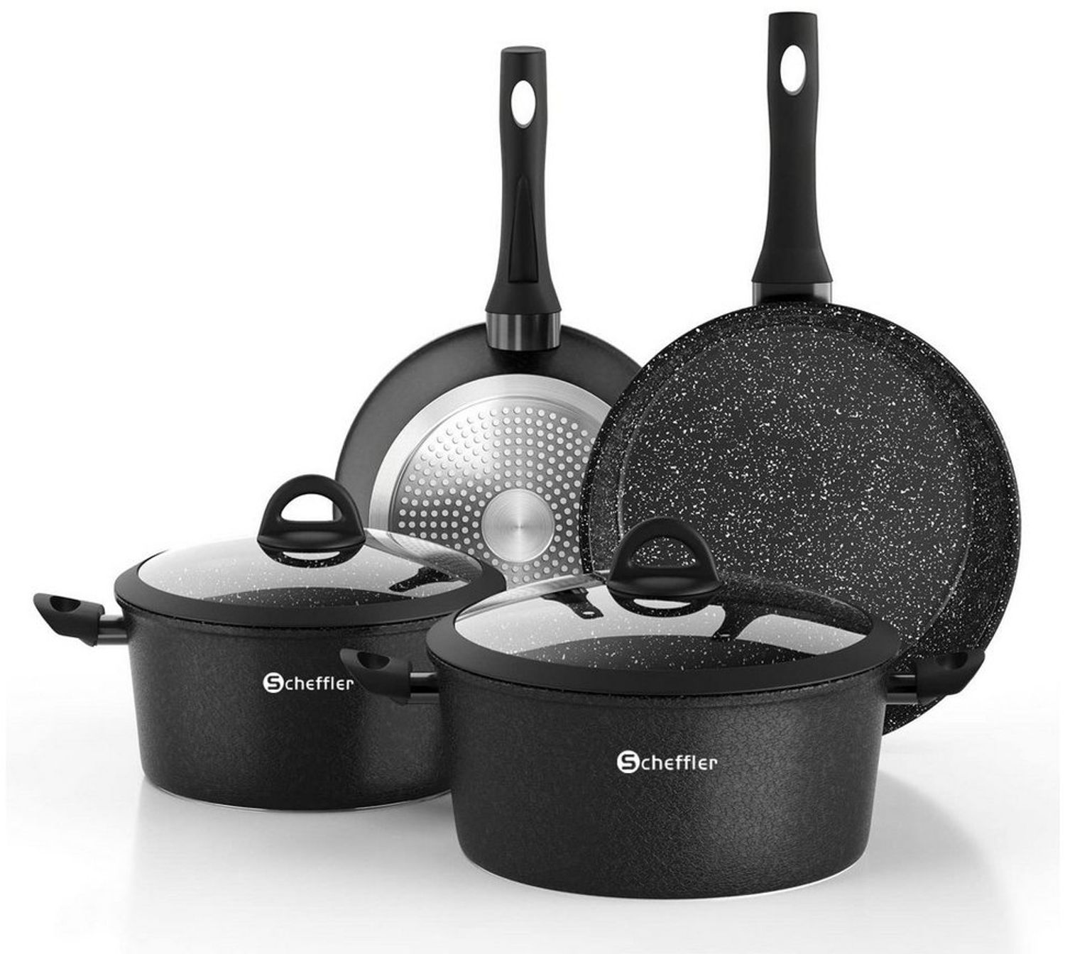 Scheffler Topf-Set Induktions Töpfe Set Schwarze Antihaftbeschichtung mit Glasdeckel, Aluminium (Set, 4-tlg, Ø24 4,4L/Ø28 6,5L Töpfe,24 5,8cm/28 6,8cm Pfanne), Induktionsgeeignet Bild 1