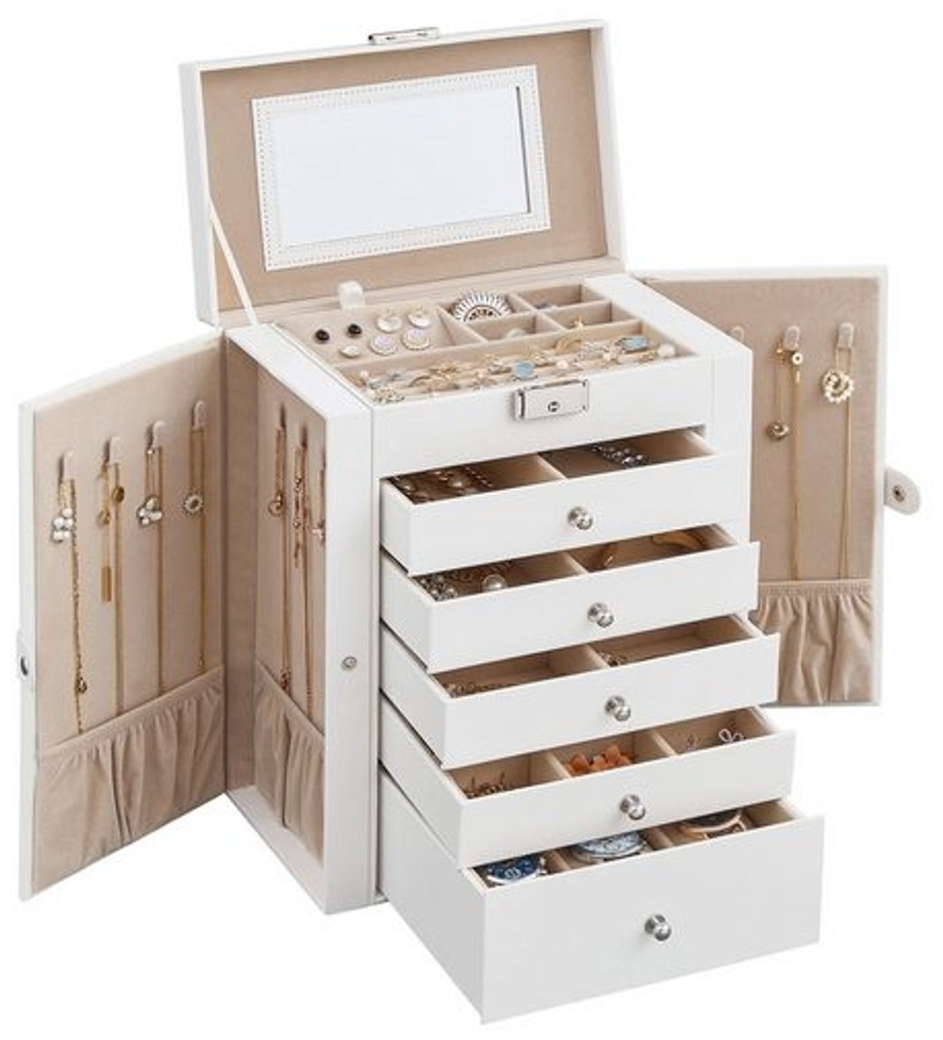 Songmics Schmuckkasten, Schmuckschatulle mit 6 Ebenen & seitlichen Klapptüren, MDF Natur, 15,6 x 26 x 32 cm Bild 1