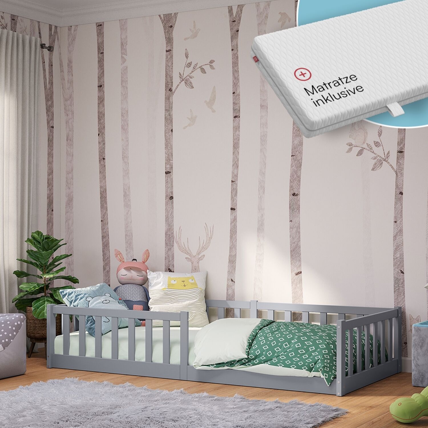 Bellabino 'Vere' Bodenbett 90x200 cm mit Matratze, grau, Massivholz Kiefer, Montessori Kinderbett mit Rausfallschutz und Lattenrost Bild 1