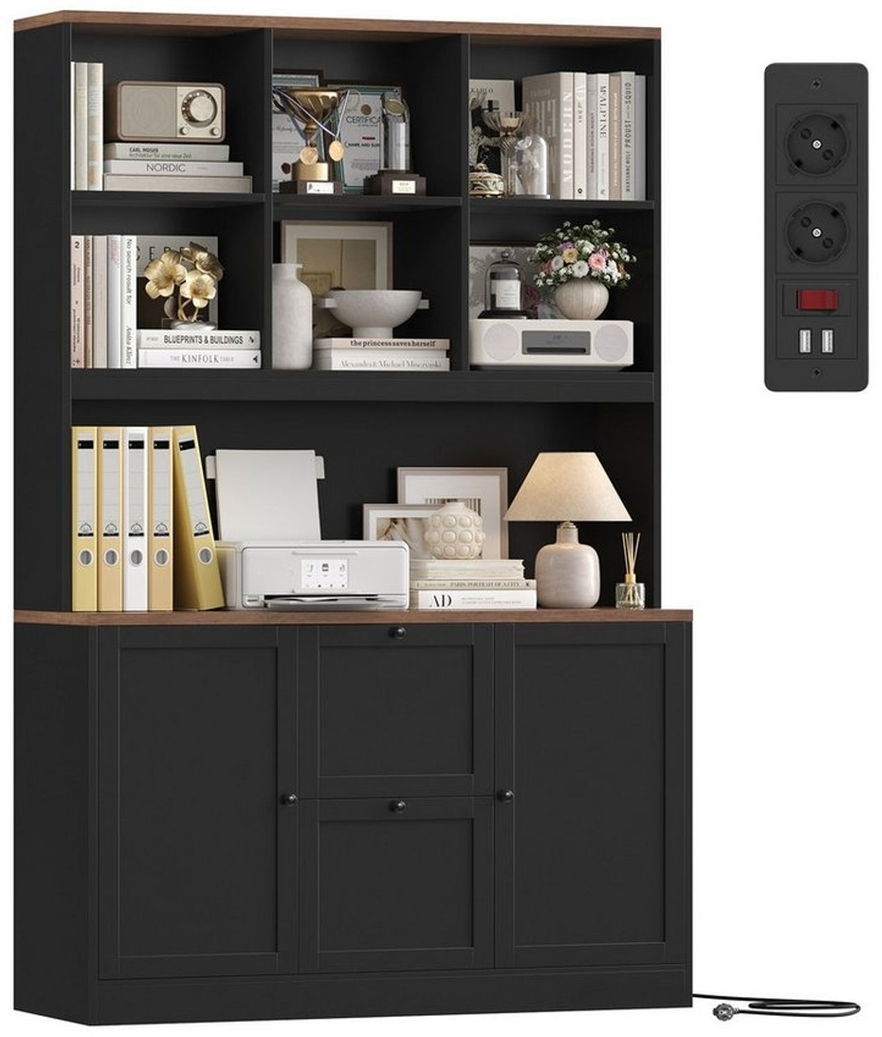 Homfa Bücherregal 182 cm Aktenschrank Mehrzweckschrank, mit Steckdose, 2 Türen und 2 Schubladen für Hängemappen A4, schwarz Bild 1