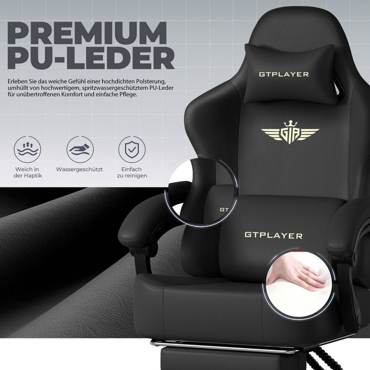GTPLAYER Gaming-Stuhl Atmungsaktiver Bürostuhl, ergonomisch Hochwertiger - Stoff/Kunstleder, 160° Verstellbare Rückenlehne und ausziehbare Fußstütze Bild 1