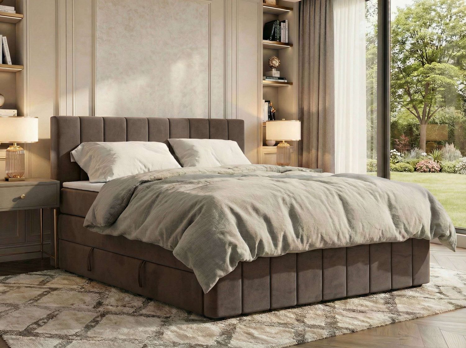 Doppelbett, Boxspringbett mit Stauraum ALVER KING DUO, Polsterbett mit 7-Zonen-Multipocket-Kern H4, Topper Visco, Boxspringbett mit 2 Bettkästen - Braun Velvet Bild 1