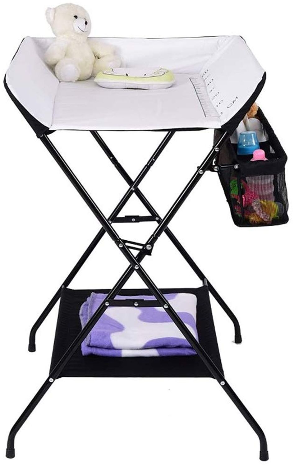 Wickeltisch, faltbar und tragbar, mit Aufbewahrung, Sicherheitsgurt, platzsparend und stabil, klappbarer Wickeltisch, Babyzimmer, höhenverstellbar (schwarz und weiß) Bild 1