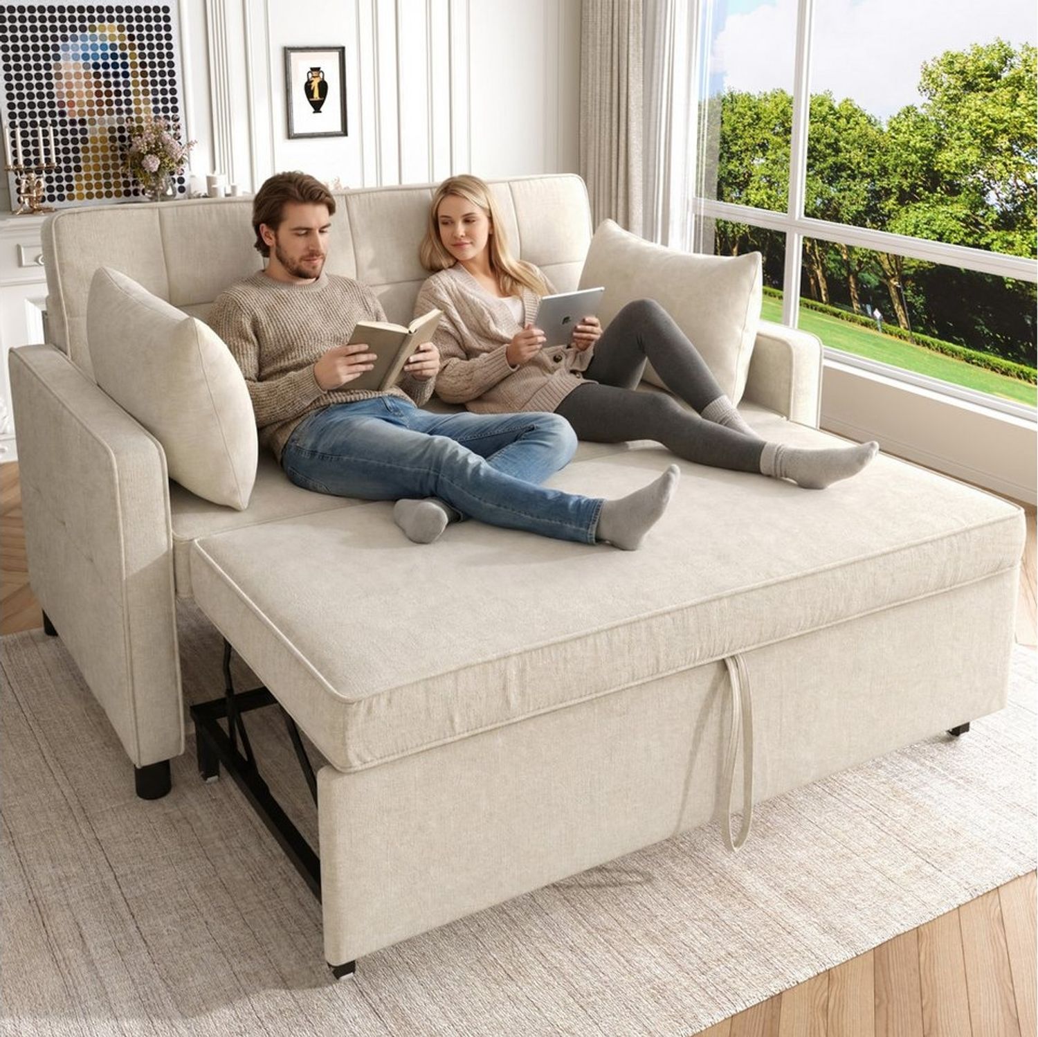 Merax Schlafsofa 2-Sitzer Sofabett klappbar, 1 Teile, Polstersofa Sofa, verstellbare Rückenlehne, inkl. Kissen & Holzrahmen Bild 1