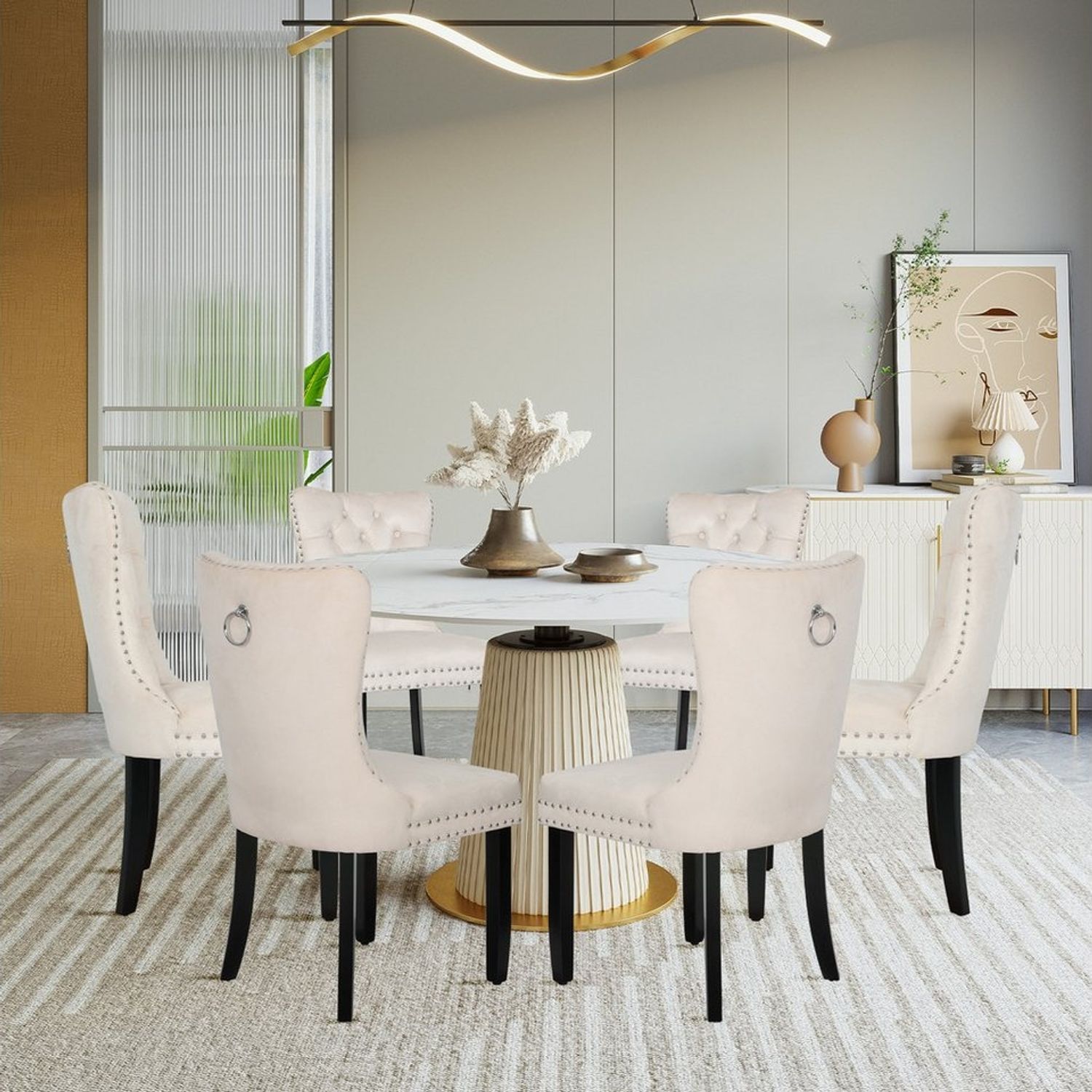 Puluomis Esszimmerstuhl (2/4/6/8 Set Grau/ Schwarz/Beige, 6 St), Samt Stuhl mit hoher Rückenlehne, Küchenstuhl mit Eichenbeinen Bild 1