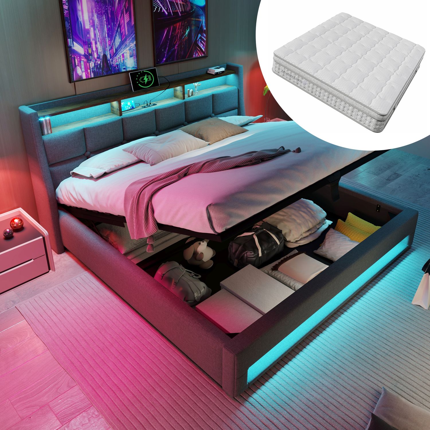 Polsterbett mit USB 140x200 cm,LED Doppelbett mit Lattenrost aus Metallrahmen,Bettgestell aus Leinenmaterial Jugendbett (Mit Matratze) Bild 1