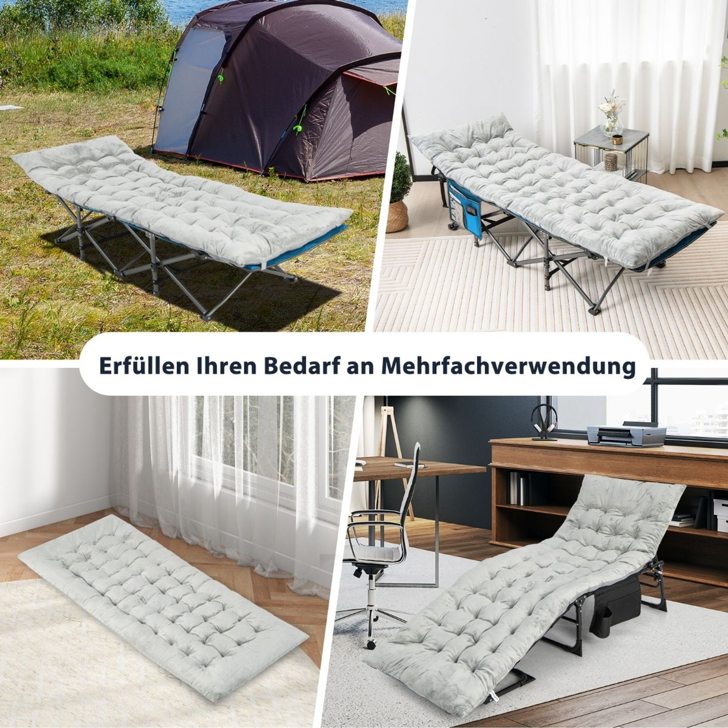190 x 70 cm Baumwolle Feldbett Auflage 7 cm Dicke Martratze mit 4 Befestigungsbändern Grau Bild 1