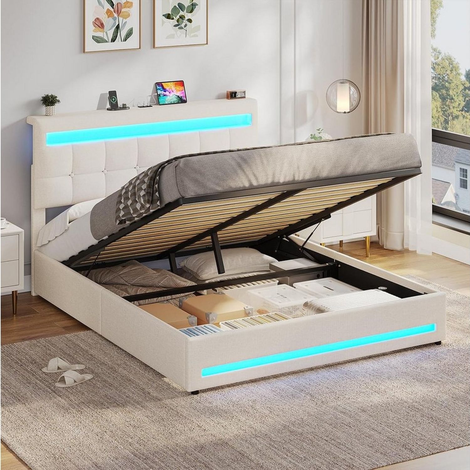 MSMASK Polsterbett Jugendbett mit LED Beleuchtung und Ladestation, Hydraulisches Bett (Ohne Matratze), mit Höhenverstellbares Kopfteil und Stauraum Bild 1