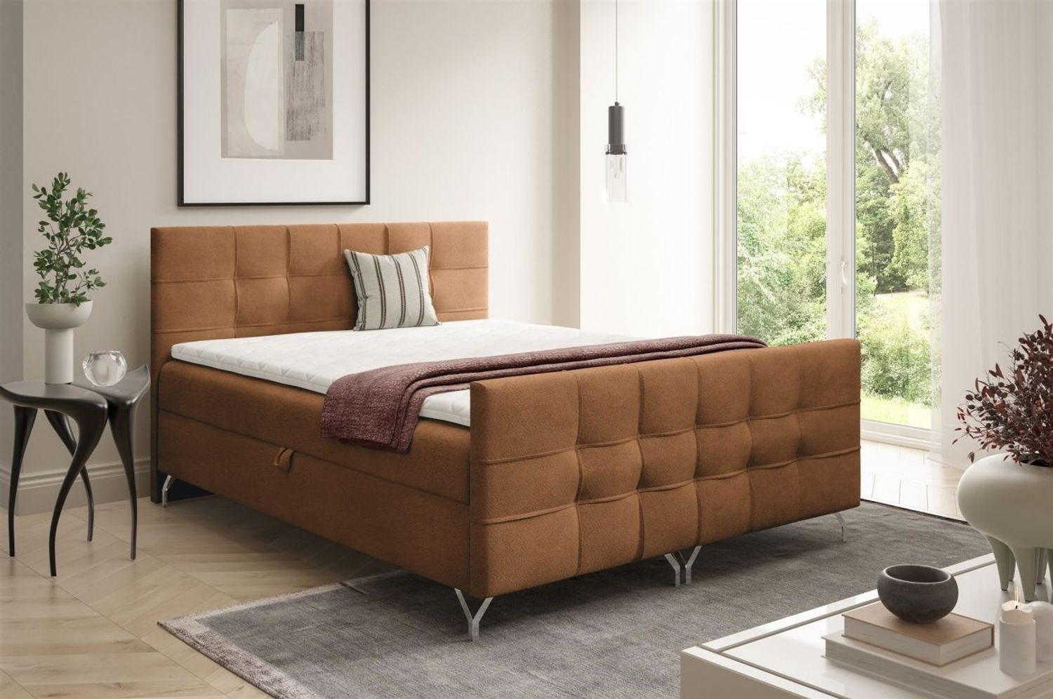 Boxspringbett Schlafzimmerbett PERLA PREMIUM 200x200cm Stoff Coral Braun Bild 1