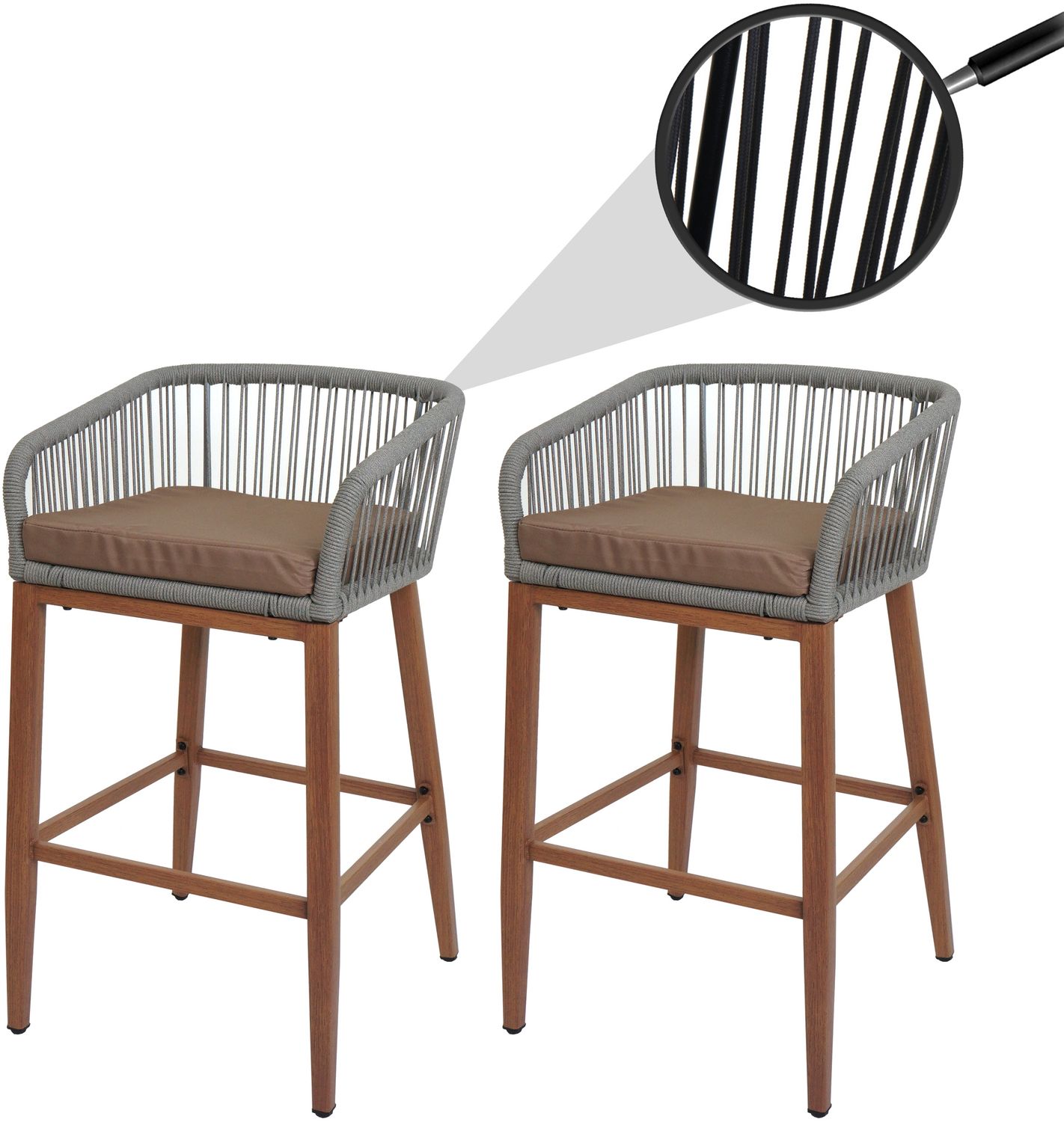 2er-Set Rope-Barhocker HWC-O22, Outdoor Sitzpolster Seilgeflecht Metall Holz-Optik ~ hellgrau, Kissen taupe Bild 1