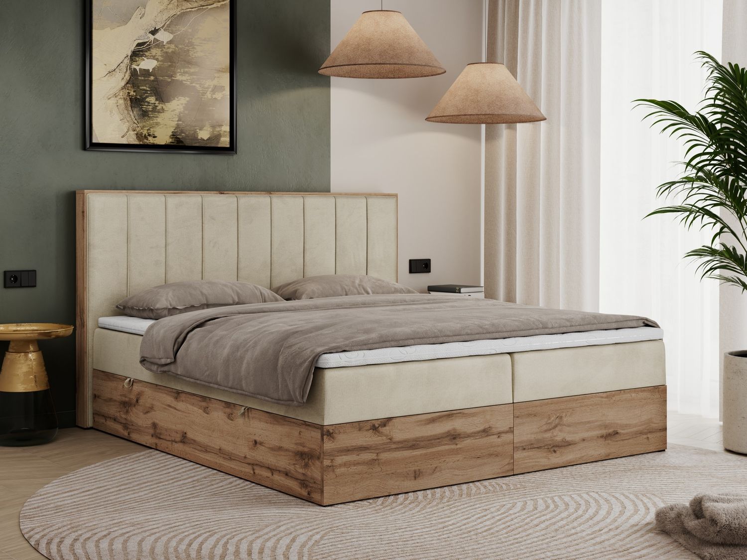 Boxspringbett, Schlafzimmerbett, Bettkasten - BELLISSIMO - 160 x 200 cm - Beige Velvet - H3 Bild 1