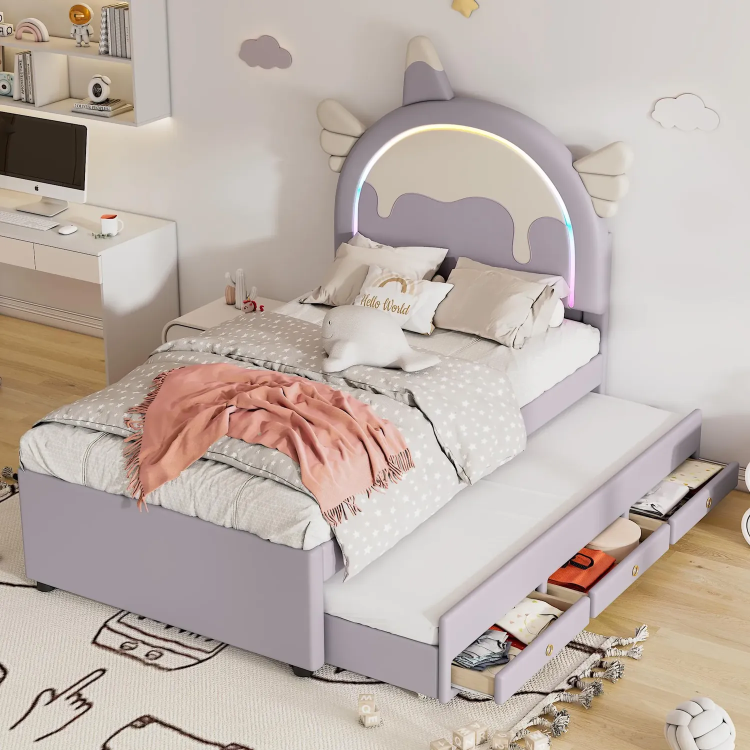 Polsterbett mit Stauraum und LED-Beleuchtung, 90x200 cm, Kopfteil höhenverstellbar, Kinderbett, Einzelbett, Kunstleder Bild 1