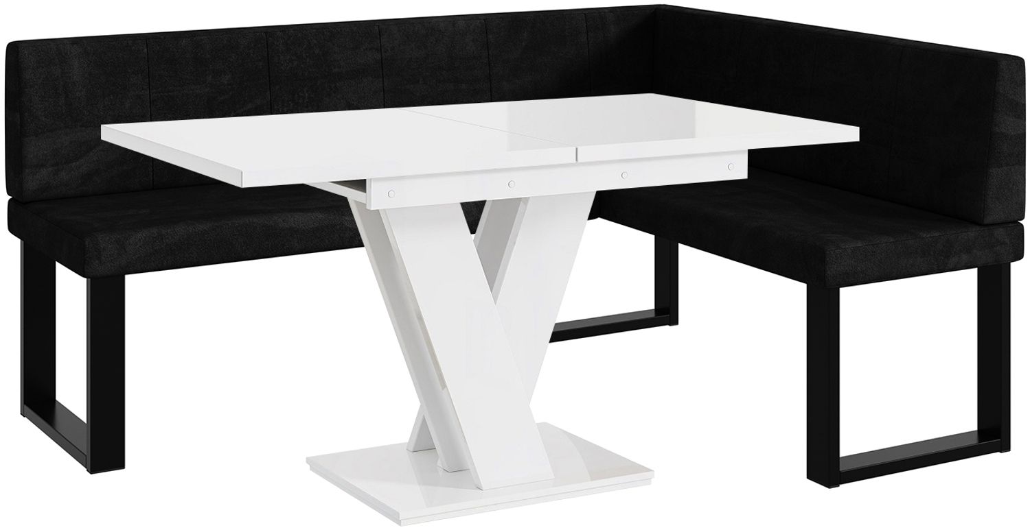 MEBLINI Eckbank für Esszimmer mit ausziehbarem Tisch - Küchenbank - Essecke - Sitzecke Küche - PETER - U-Beine 128x168x87cm Rechts - Graphit Samt/M Weiß Hochgl. Bild 1