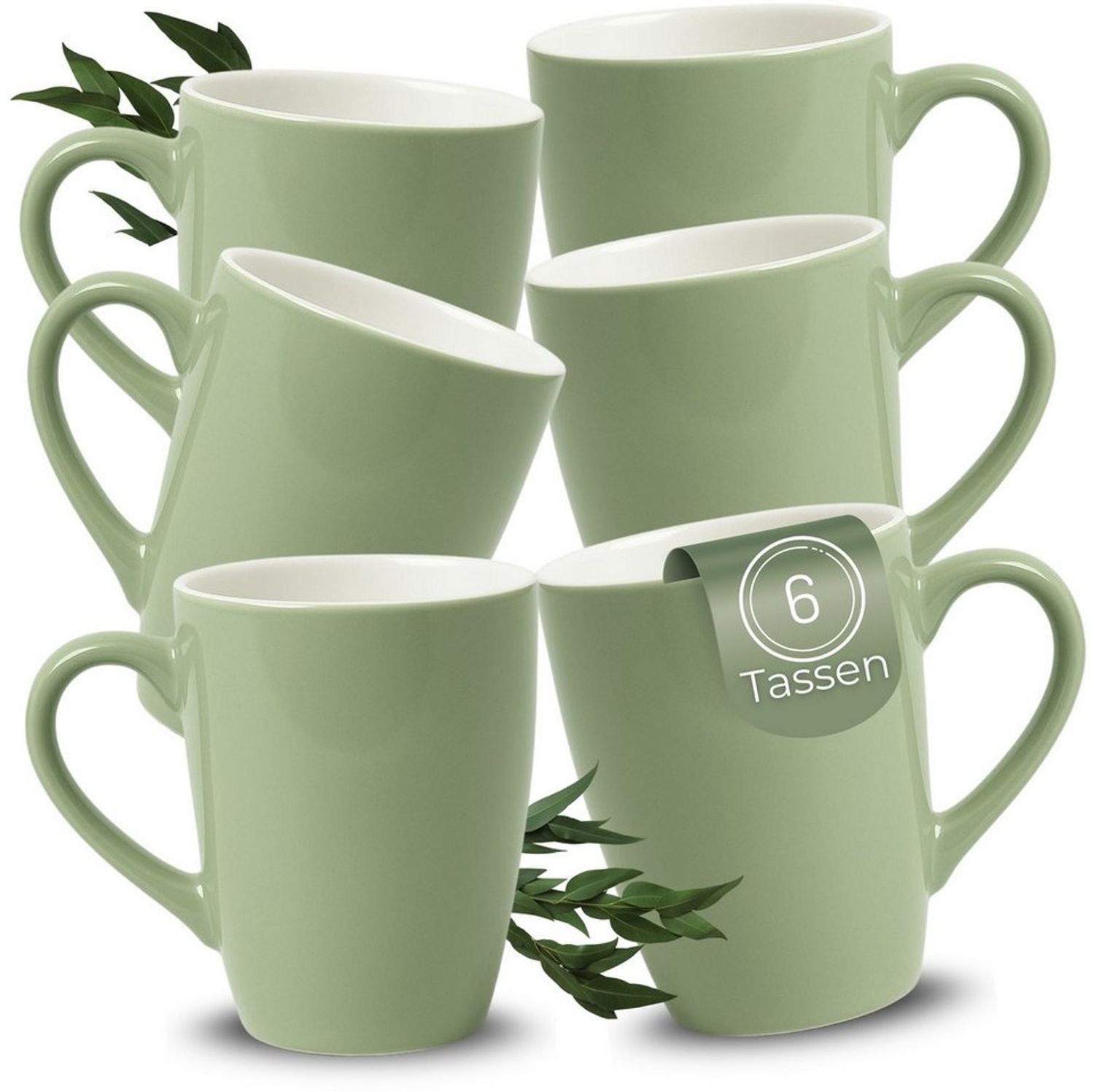 matches21 HOME & HOBBY Tasse Kaffeetassen 6er Set aus Keramik 340ml, Teetassen in Salbeigrün, 6-tlg, Keramik, Moderne Kaffeebecher Spülmaschinenfest & Mikrowellengeeignet Bild 1