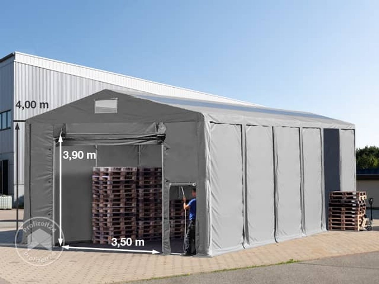 Lagerzelt 8x12 m Zelthalle Industriezelt mit Oberlicht 4m Seitenhöhe PVC Plane 850 N grau 100% wasserdicht mit Hochziehtor Bild 1