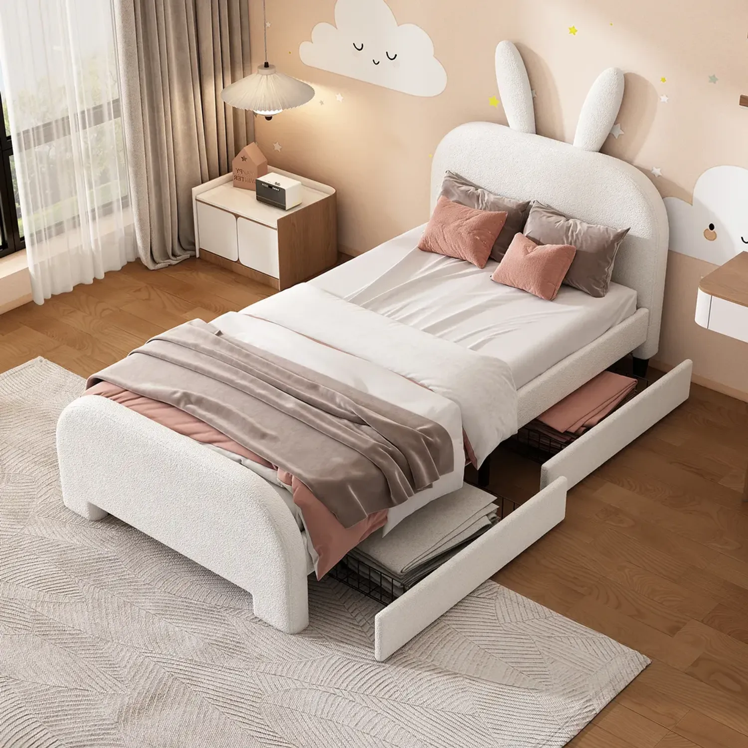 Kinderbett mit Lattenrost, Schubladen und Kopfteil, 90x200 cm, Einzelbett, Jugendbett, Sherpa Bild 1