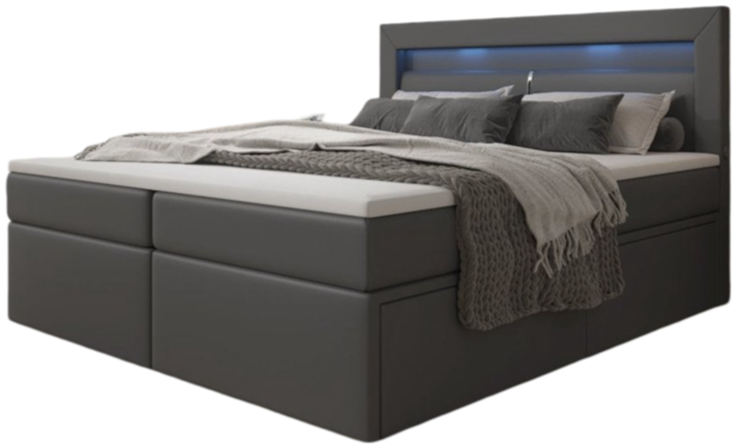 Boxspringbett Rinori mit LED, USB und Stauraum 200x200 Grau H4 (100kg+) Bild 1