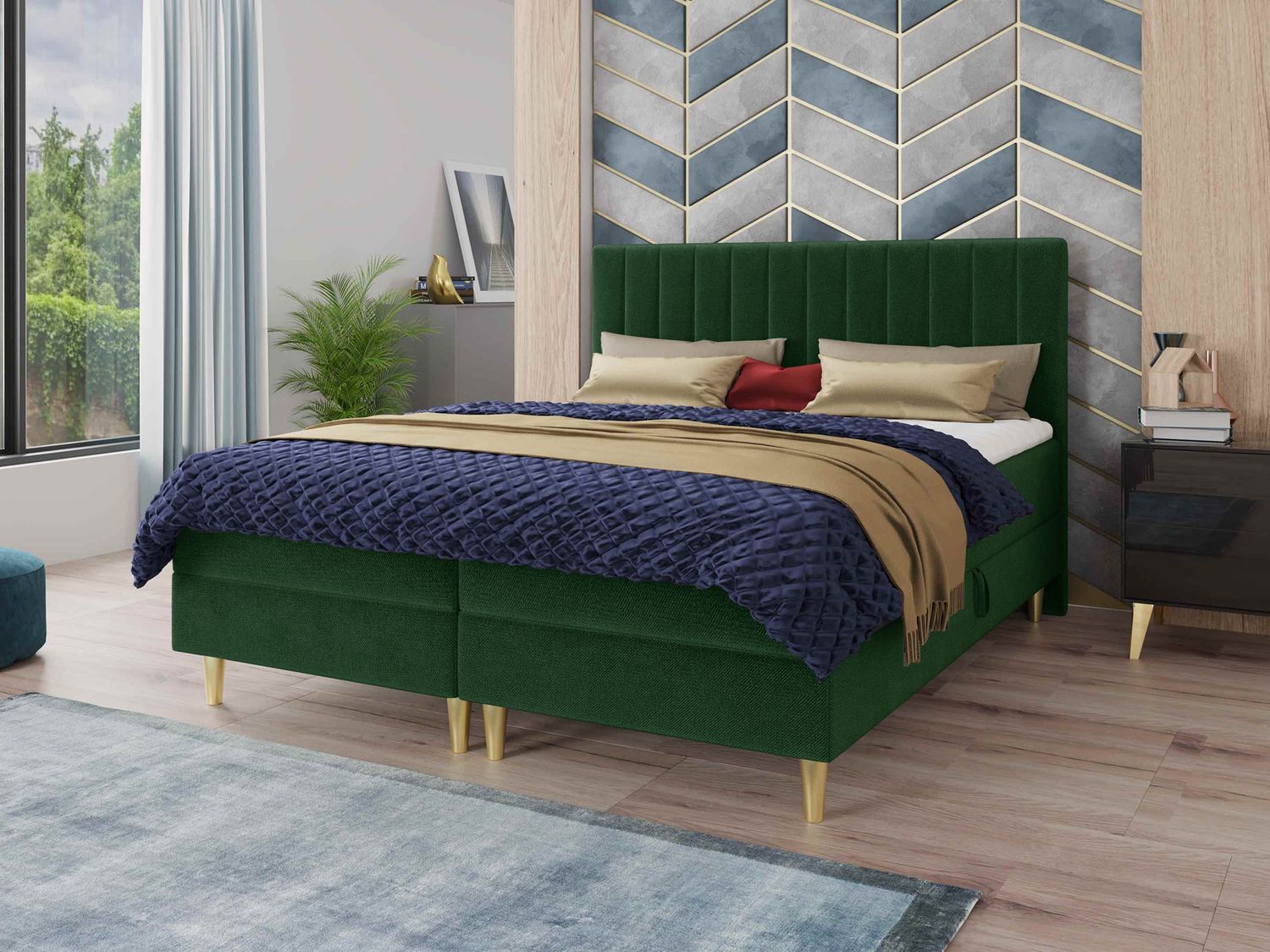 Boxspringbett Gold mit 2 Bettkästen und Topper - Doppelbett, Bonell-Matratze, Polsterbett, Bett mit Matratzentopper, Schlafzimmer, Velours Stoff (Grün (Manila 35), 140 x 200 cm) Bild 1