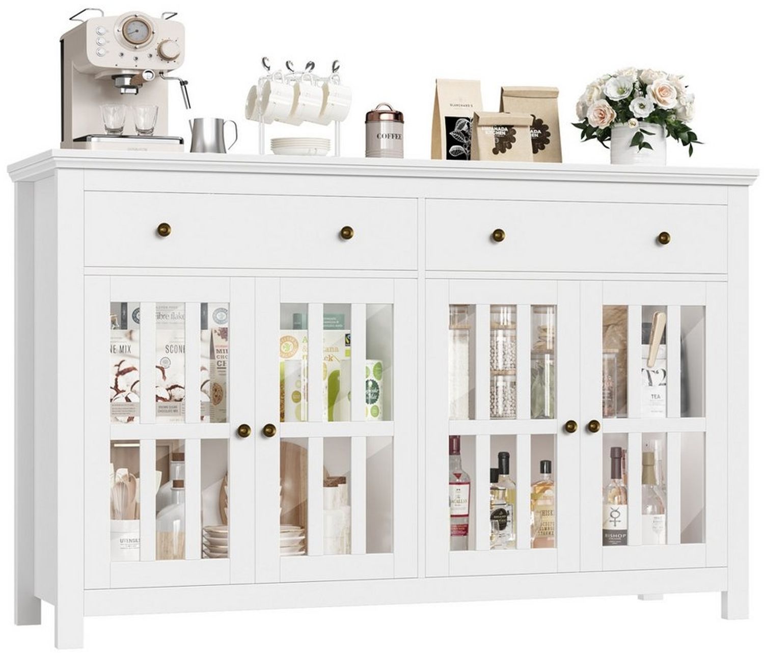 Homfa Sideboard Küchenschrank, Buffetschrank mit 2 Schubladen 4 Glastüren 140x40x91cm weiß Bild 1