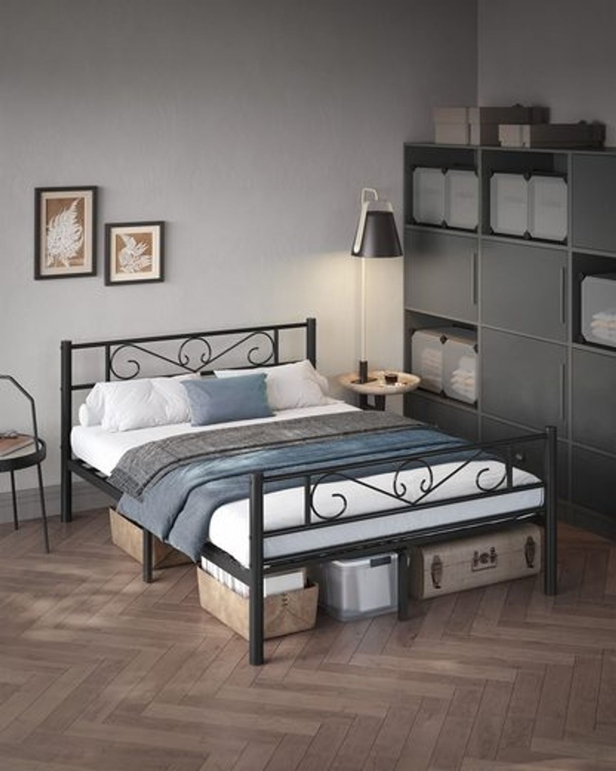 VASAGLE Bett 140 x 200 cm, Gästebett, Doppelbett aus Metall, Bettgestell, Bettrahmen, Metallbett, einfache Montage, tintenschwarz Bild 1