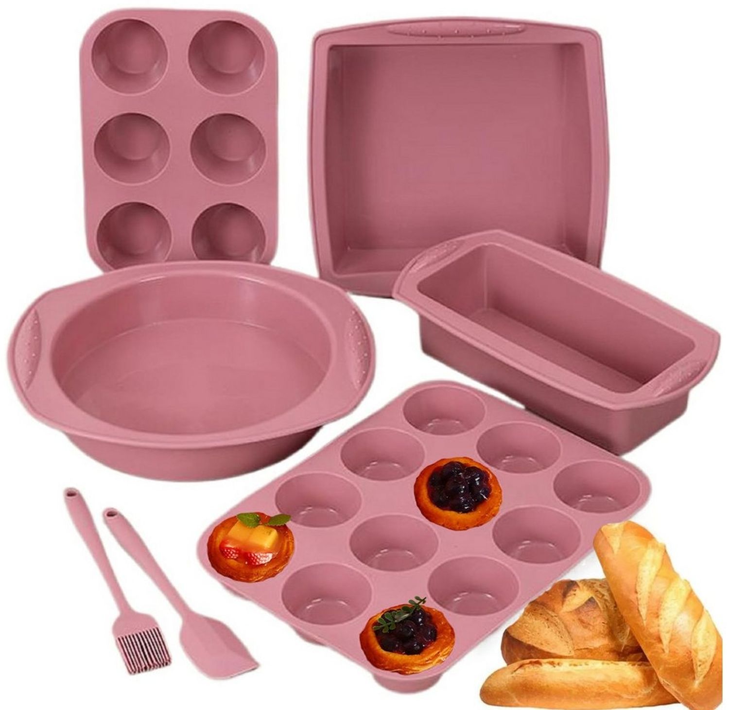 Refined Living Backform 7-tlg Antihaft Silikon Backformen Set Backzubehör Kuchenform, (Brotbackform Muffinform Rund mit Teigschaber Backpinsel torten set), Hitzebeständige für Backen Pizza Brot Kuchen Toast Cupcake Muffin Bild 1
