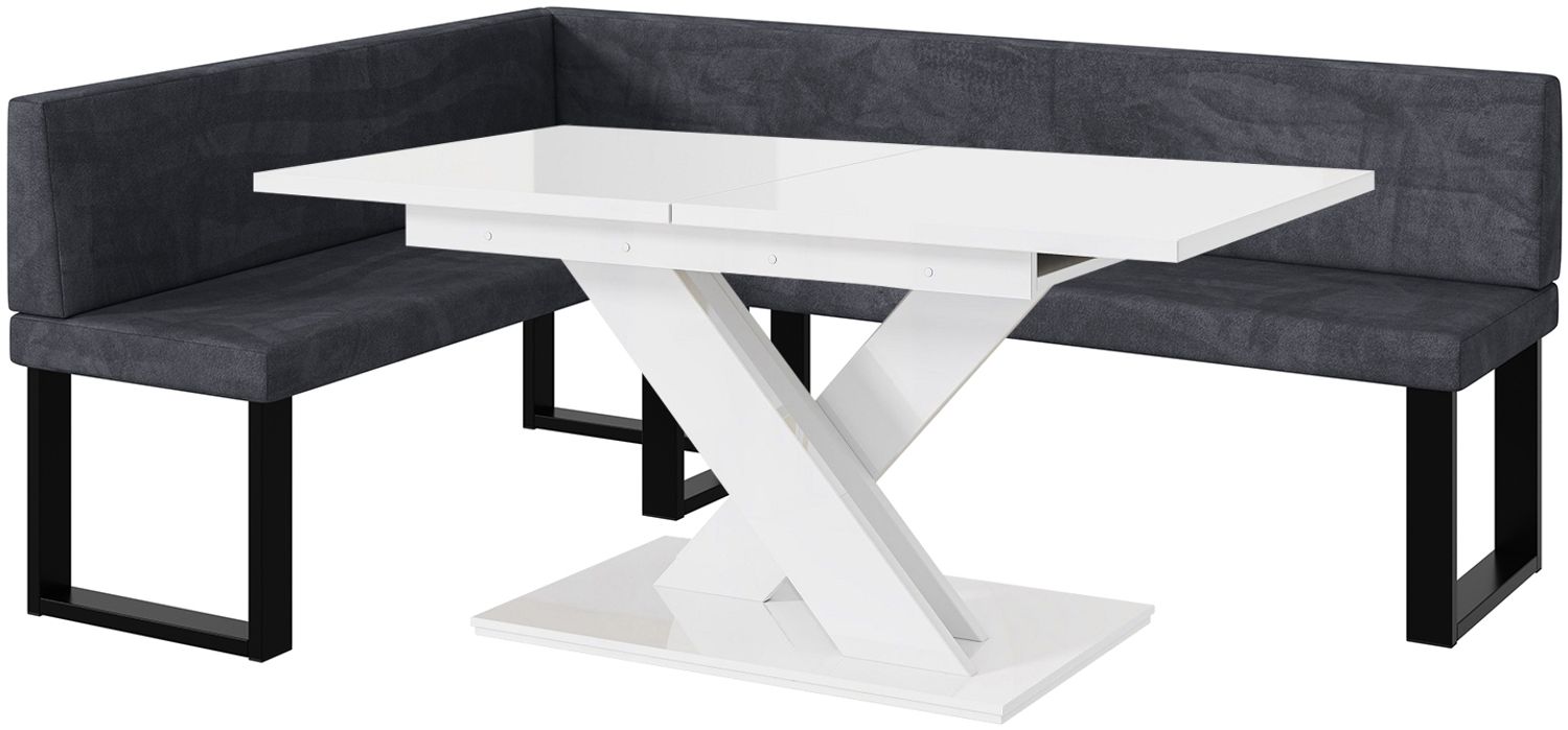 MEBLINI Eckbank für Esszimmer mit ausziehbarem Tisch - Küchenbank - Essecke - Sitzecke Küche - TONI - U-Beine 142x196x87cm Links - Dunkelgrau Samt/B Weiß Hochgl. Bild 1