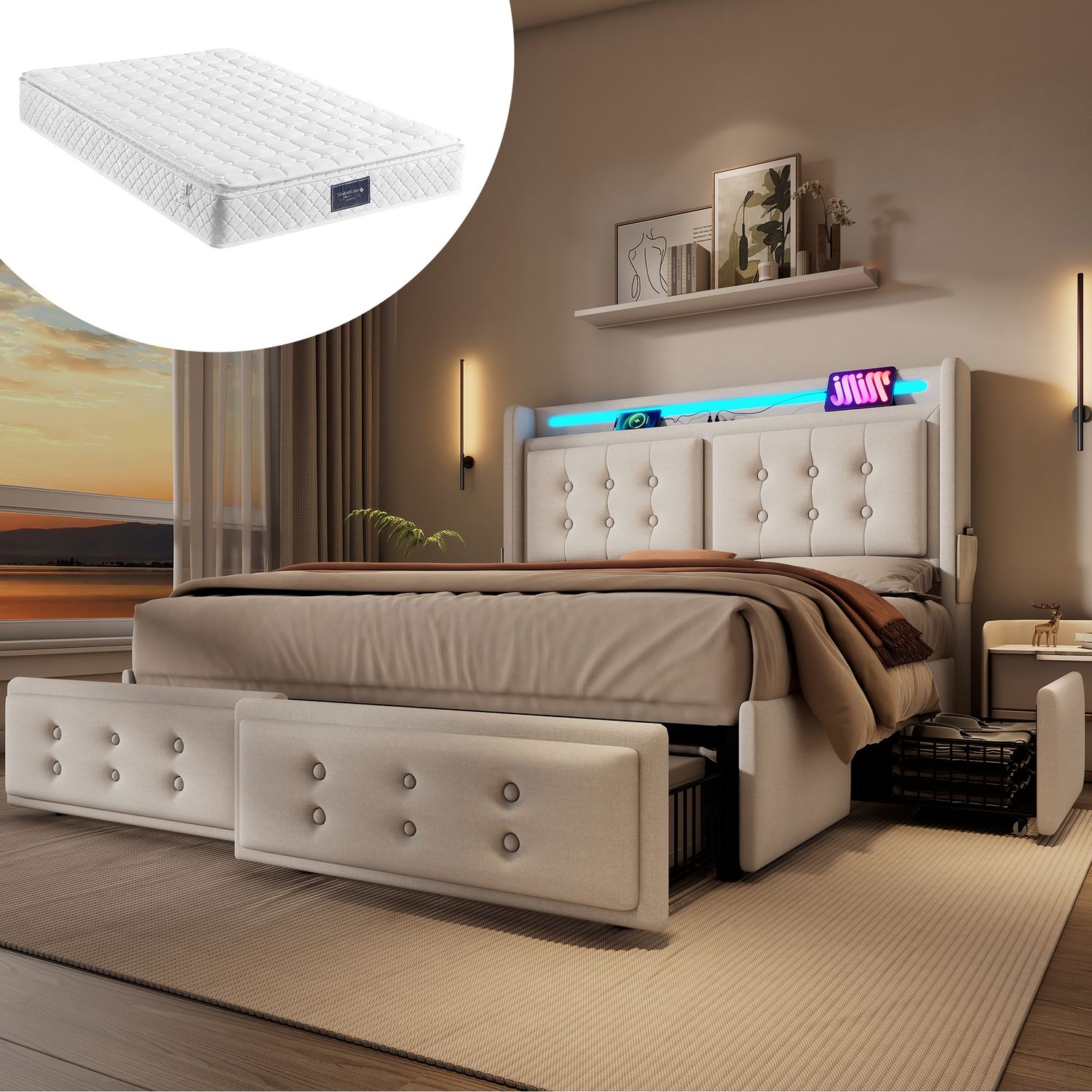Polsterbett Baumwoll-Leinen inkl. Matratze, LED & USB-Anschluss/Typ-C, 4 Schubladen, 140x200 cm, Beige Bild 1