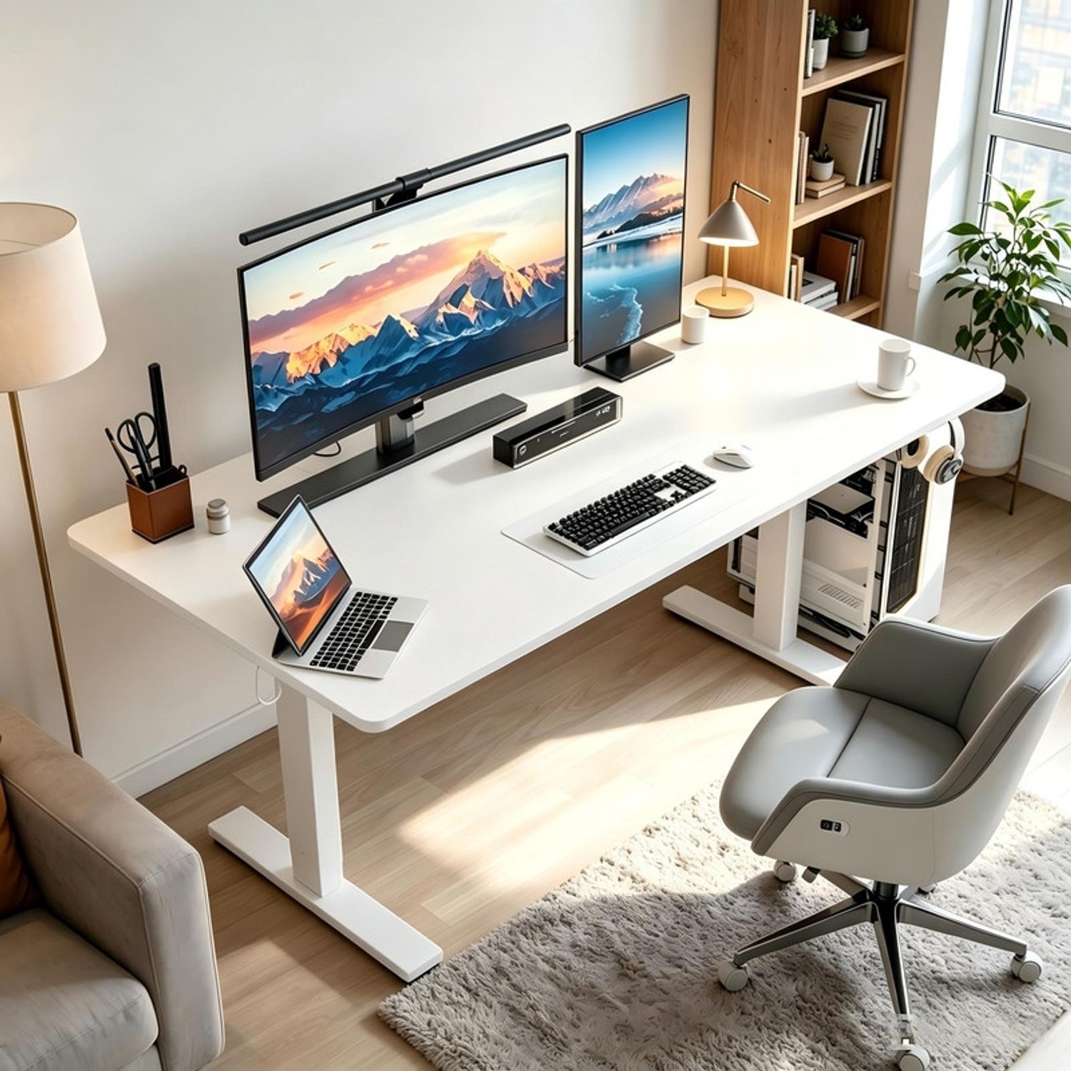 HOMAVO höhenverstellbarer Schreibtisch 60×110 cm, mit Memory- und Anti-Kollisionsfunktion, Höhe 70–117 cm, Weiß Bild 1
