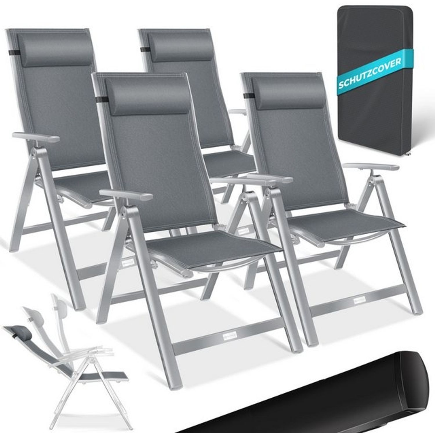 KESSER® Gartenstuhl Hochlehner mit Armlehnen | Aluminium Klappstuhl inkl. Kopfkissen Campingstuhl 7-Fach Verstellbar Rückenlehne | Atmungsaktiv & Wetterfest | Klappbar & Anti-Rutsch Hellgrau, 4 Stück Bild 1