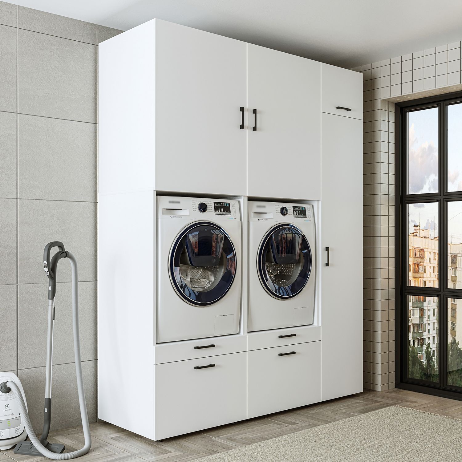 Roomart Waschmaschinenschrank Doppelschrank – SERIE 2 – 179 cm breit, Überbauschrank für Waschküche & Hauswirtschaftsraum – mit Ausziehbrett & Schubladen – • Eiche Bild 1