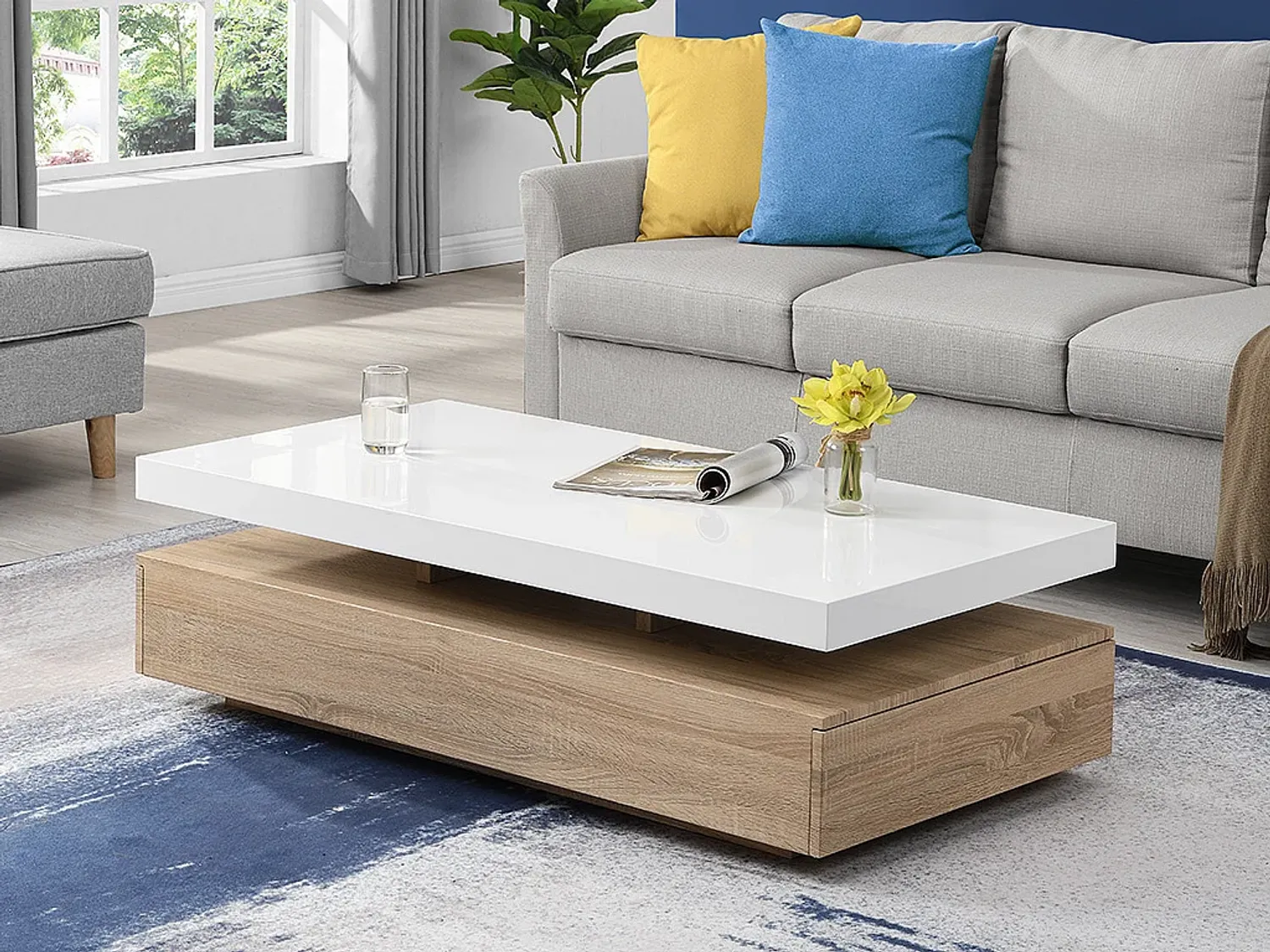 Vente-unique - Couchtisch mit 2 Schubladen - MDF - Holzfarben hell & Weiß - FELIX Bild 1