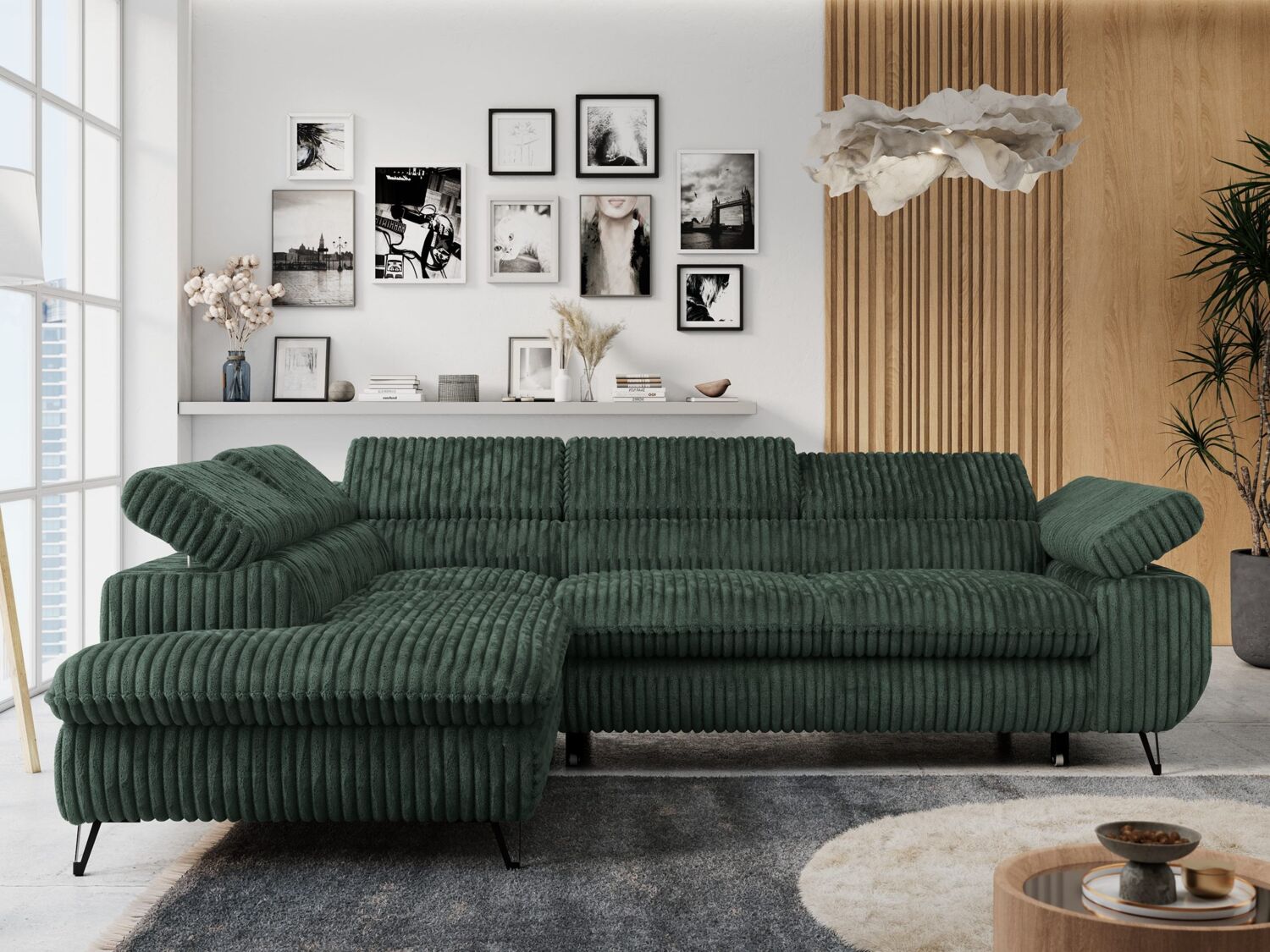 Mks Möbel 'Peter L-form' Ecksofa mit Bettfunktion, Bettkasten & einstellbaren Kopfstützen, Grün, Cord, links Bild 1