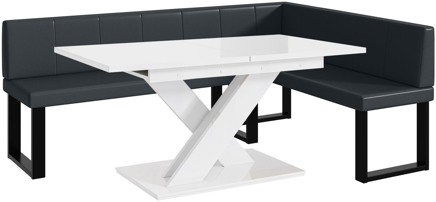 MEBLINI Eckbank für Esszimmer mit ausziehbarem Tisch - Küchenbank - Essecke - Sitzecke Küche - PETER - U-Beine 142x196x87cm Rechts - Dunkelgrau Kunstleder/B Weiß Hochgl. Bild 1
