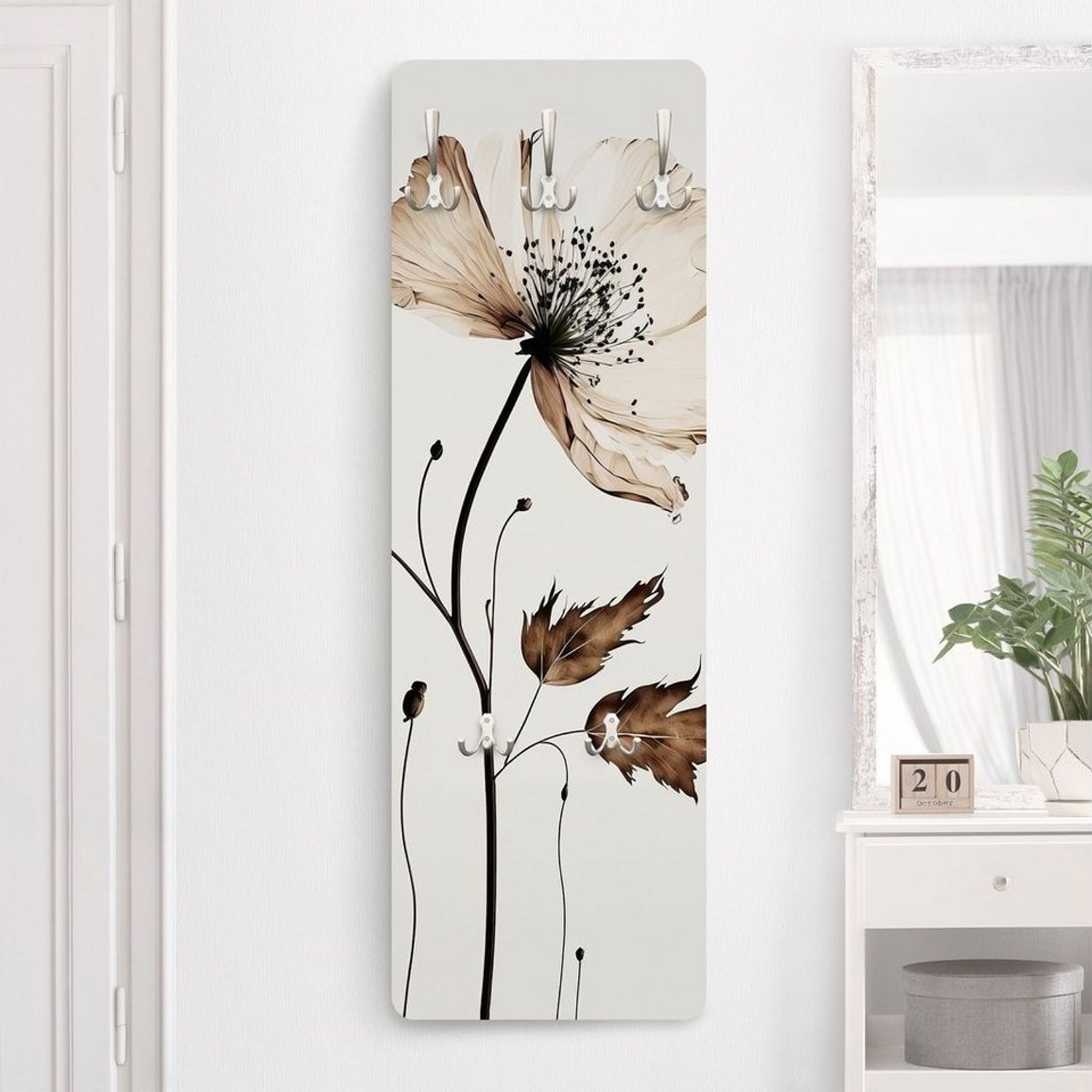 Bilderdepot24 Garderobenpaneel braun Blumen Floral Transparente Blüte Braun Design (ausgefallenes Flur Wandpaneel mit Garderobenhaken Kleiderhaken hängend), moderne Wandgarderobe - Flurgarderobe im schmalen Hakenpaneel Design Bild 1