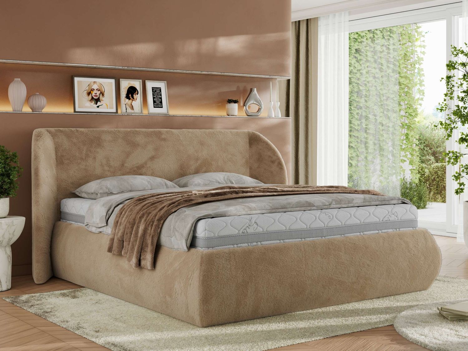 Polsterbett mit Lattenrost, Doppelbett Bettkasten, Bettgestell mit Gasdruckfeder Multipocket Matratze Härtegrad H3/H4 - CAELA CLASSIC - 160 x 200 cm - Beige Plüsch - ELORI LUX Bild 1