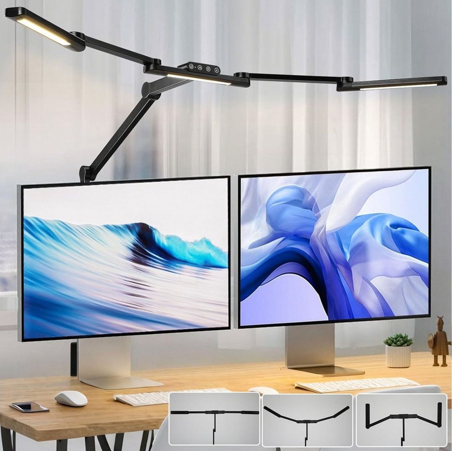 LMaxhome LED Schreibtischlampe Doppelkopf Tischleuchte mit Klemme Dimmbar Touch-Steuerung Augenschutz, 24W, LED fest integriert, 5 Farbtemperaturen(3000K-6500K), 5 Helligkeitsstufen, Groß Architekt Leselampe für Büro,Arbeit,Studium Bild 1
