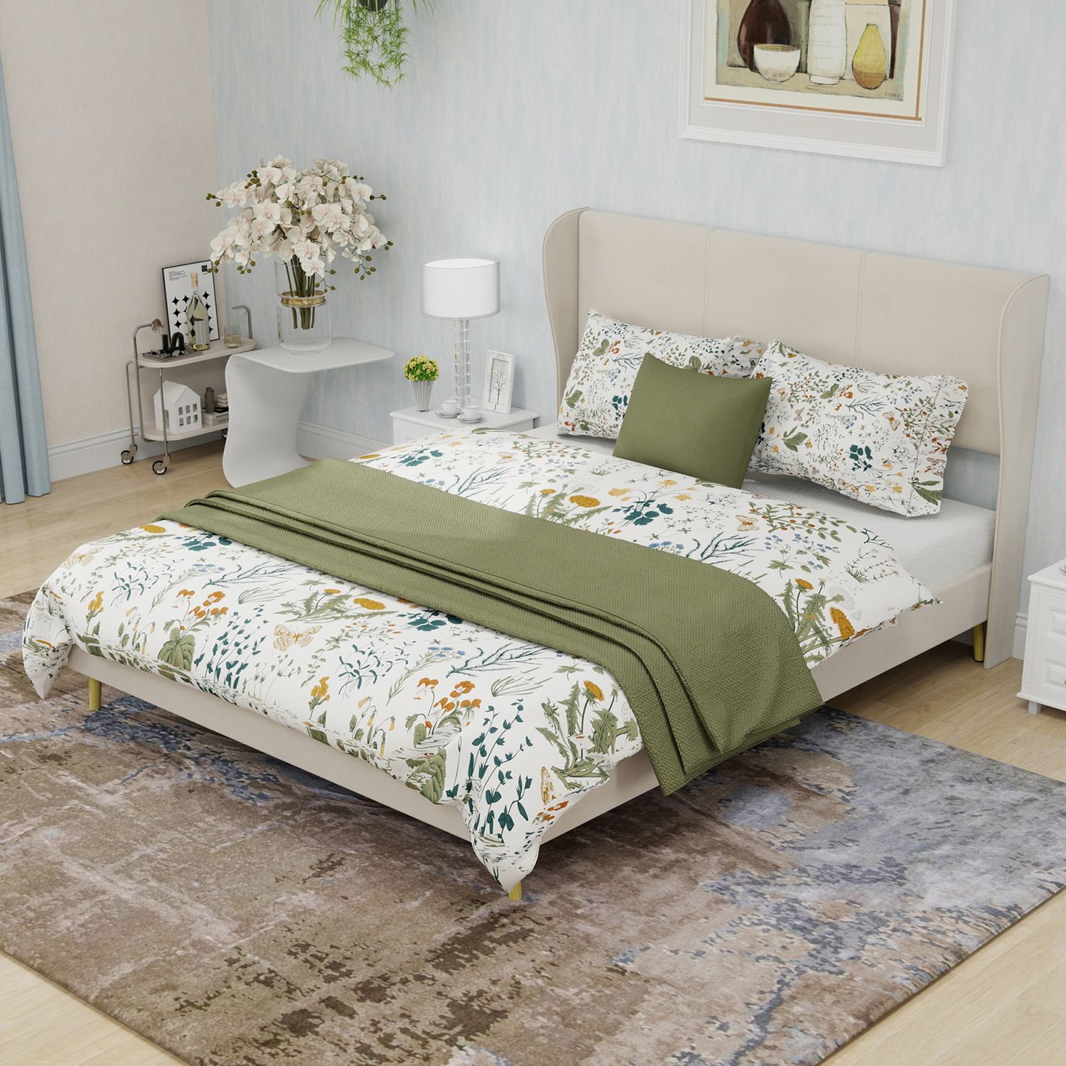 Flieks Polsterbett 140x200cm, Doppelbett mit weicher Kopfteil, Bettbeine aus Holz, Samt, Beige Bild 1