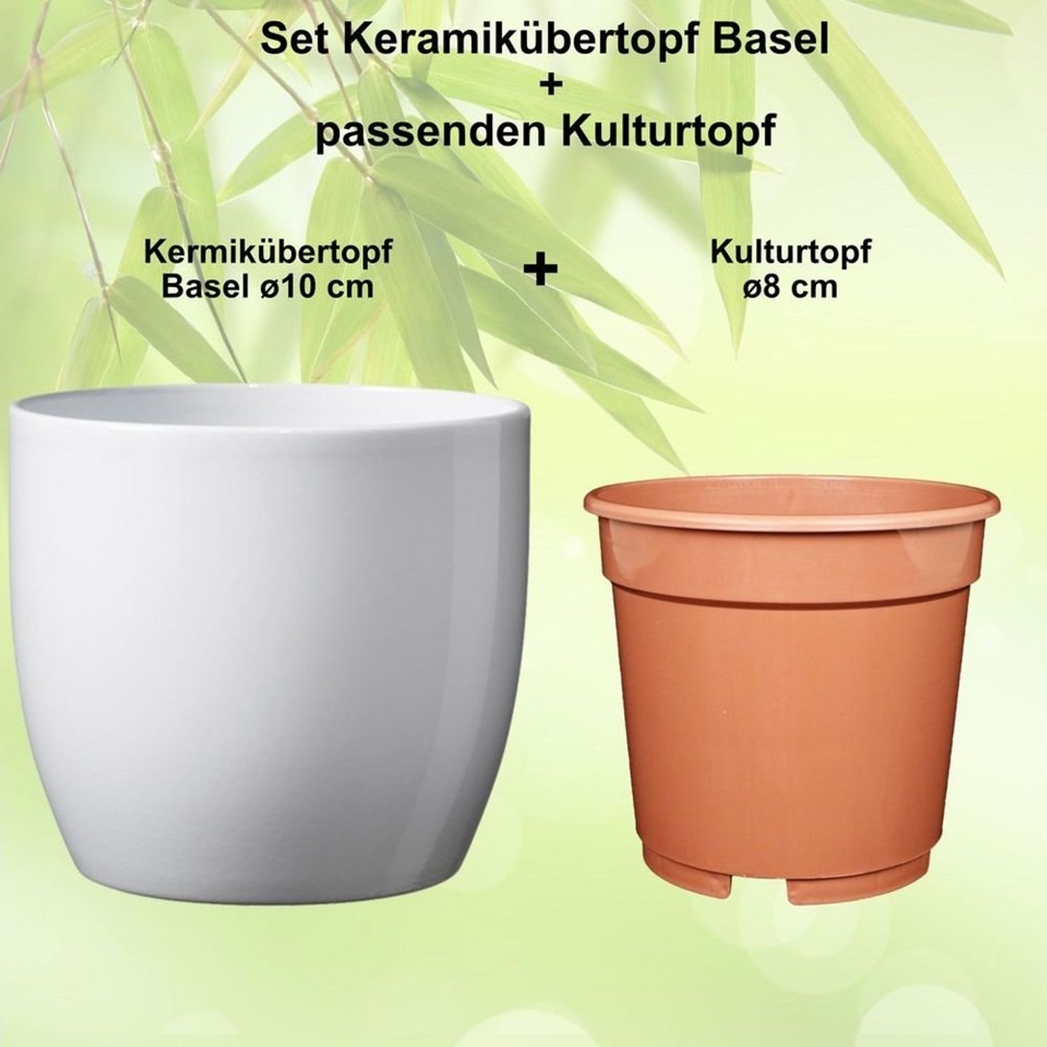 Heimwerkercenter Übertopf Set - Keramikübertopf Basel ø10 cm, weiss glänzend + Kulturtopf ø8 Bild 1