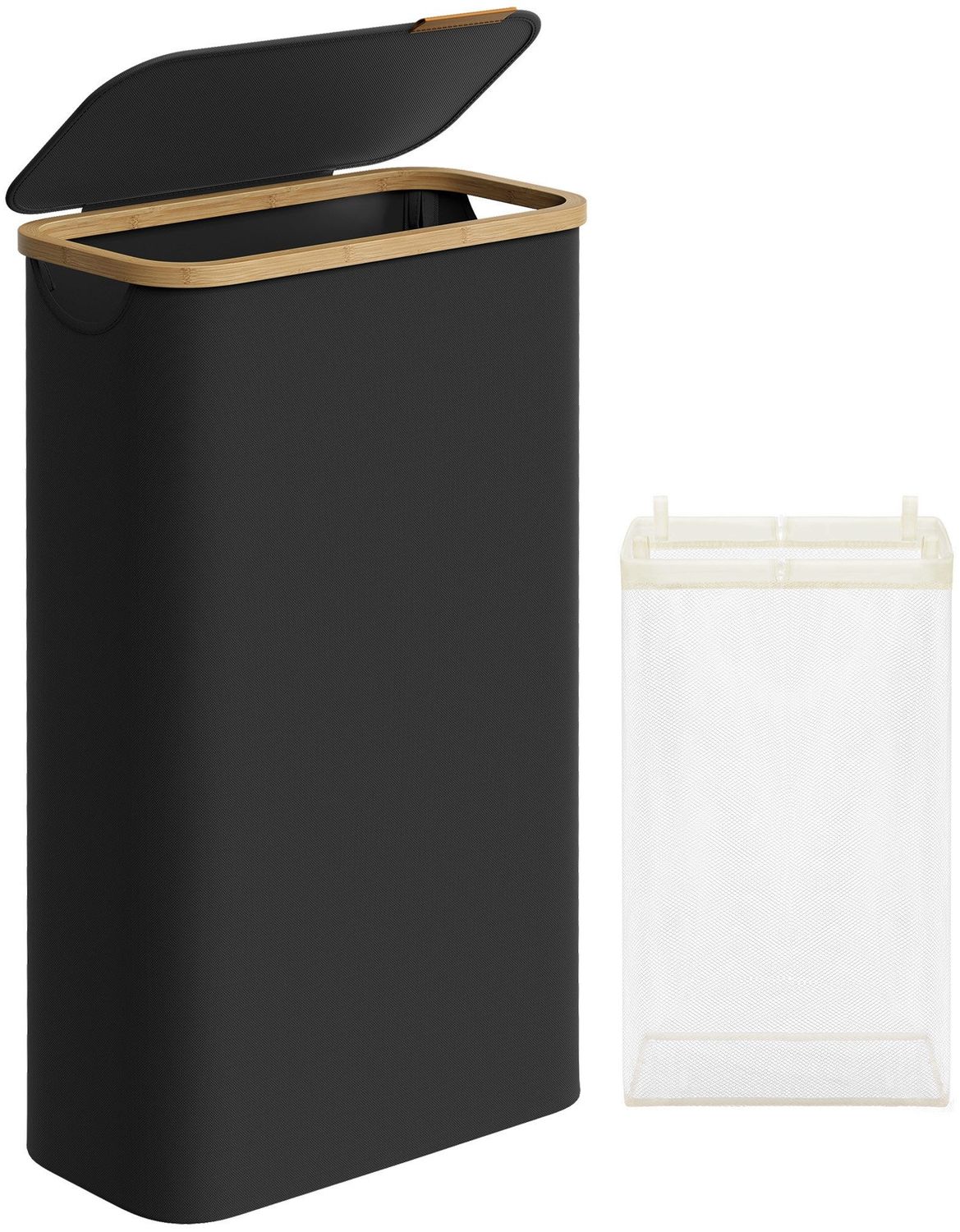 SONGMICS Wäschekorb mit Deckel und herausnehmbarem Wäschesack, zusammenklappbar, Bambus / Oxford-Gewebe tintenschwarz, 65 l Bild 1