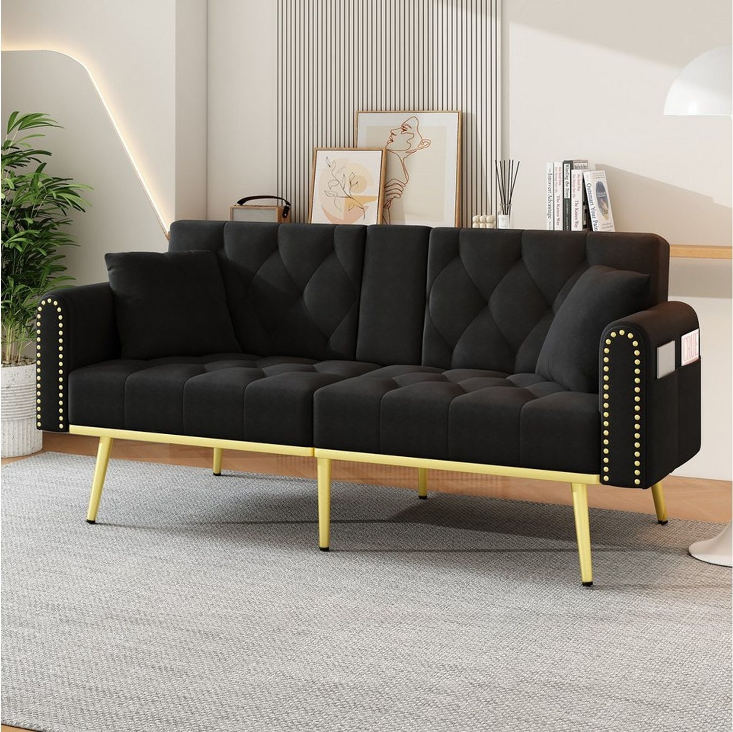 Merax Schlafsofa mit 3 verstellbaren Neigungswinkeln & ausklappbarer Liegefunktion, 2 sitzer Klappsofa Polstersofa mit bettfunktion 1 Teile, Sofa klappbar mit Getränkehalter, Zierkissen & Seitentasche, Samtbezug Bild 1