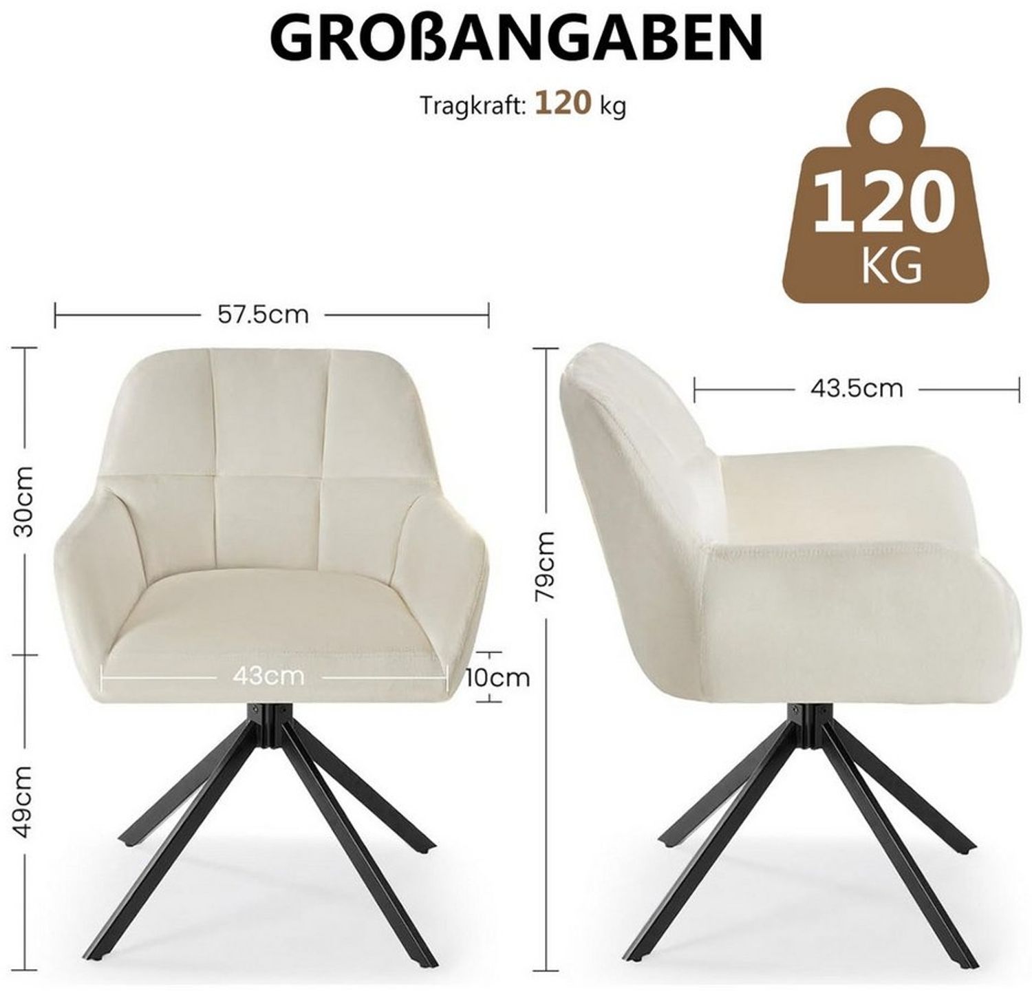 Refined Living Esszimmerstuhl 360° Drehstuhl Esszimmer mit Armlehnen Samt Polsterstuhl Küchenstuhl (Schminktisch Stuhl, bis 120 kg belastbar Stahlbeine Schreibtischstuhl, 1 St), Bürostuhl Besucherstuhl für Esszimmer Küche Wohnzimmer Büro, (Beige) Bild 1