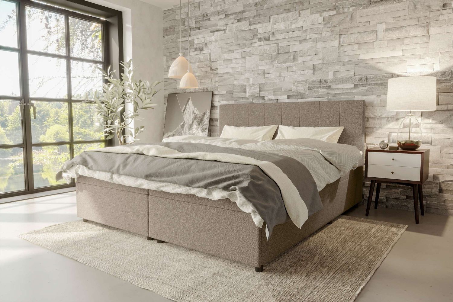 99rooms Kira Boxspringbett Strukturstoff NEVE Hellbraun 160x200 cm Bild 1