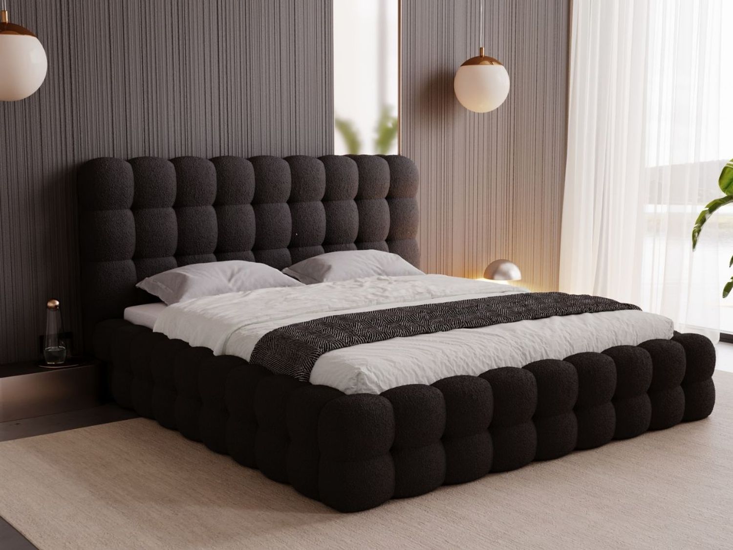 GRAINGOLD Twist Polsterbett 140x200, Doppelbett mit Bettkasten und Lattenrost, Bouclé-Stoff, Schwarz Bild 1