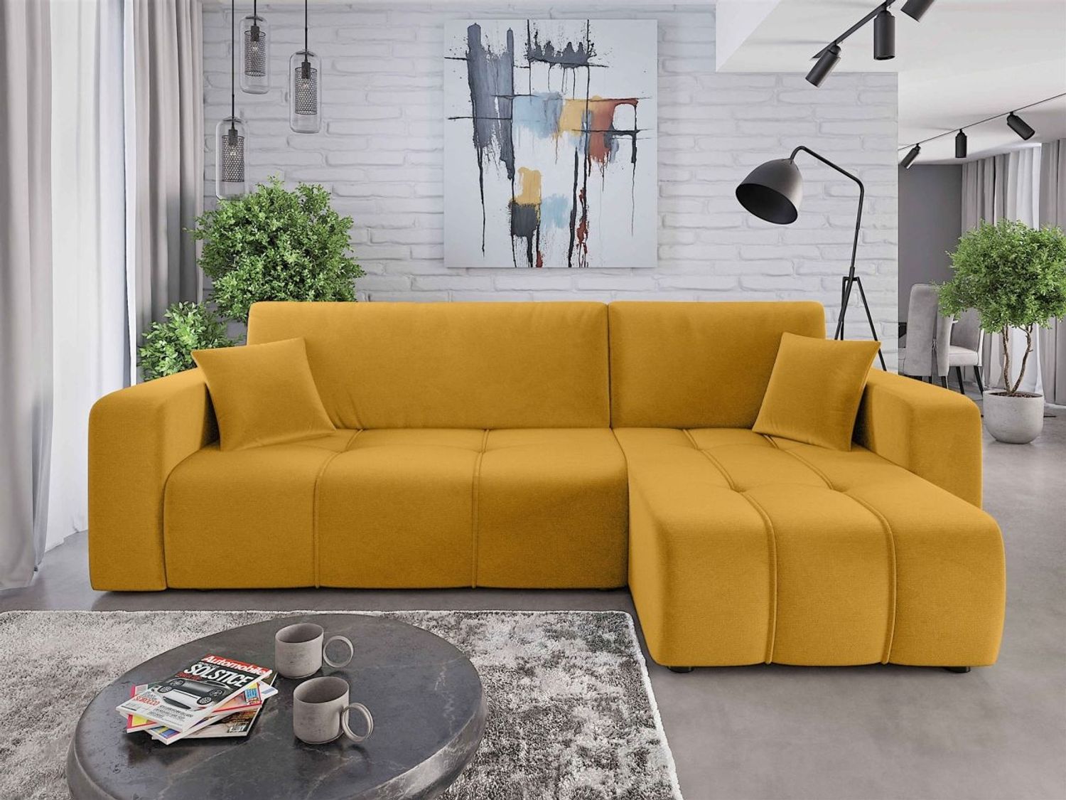 Ecksofa mit Schlaffunktion Sofa DAGNY in Stoff Kronos Senfgelb Ottomane Rechts Bild 1