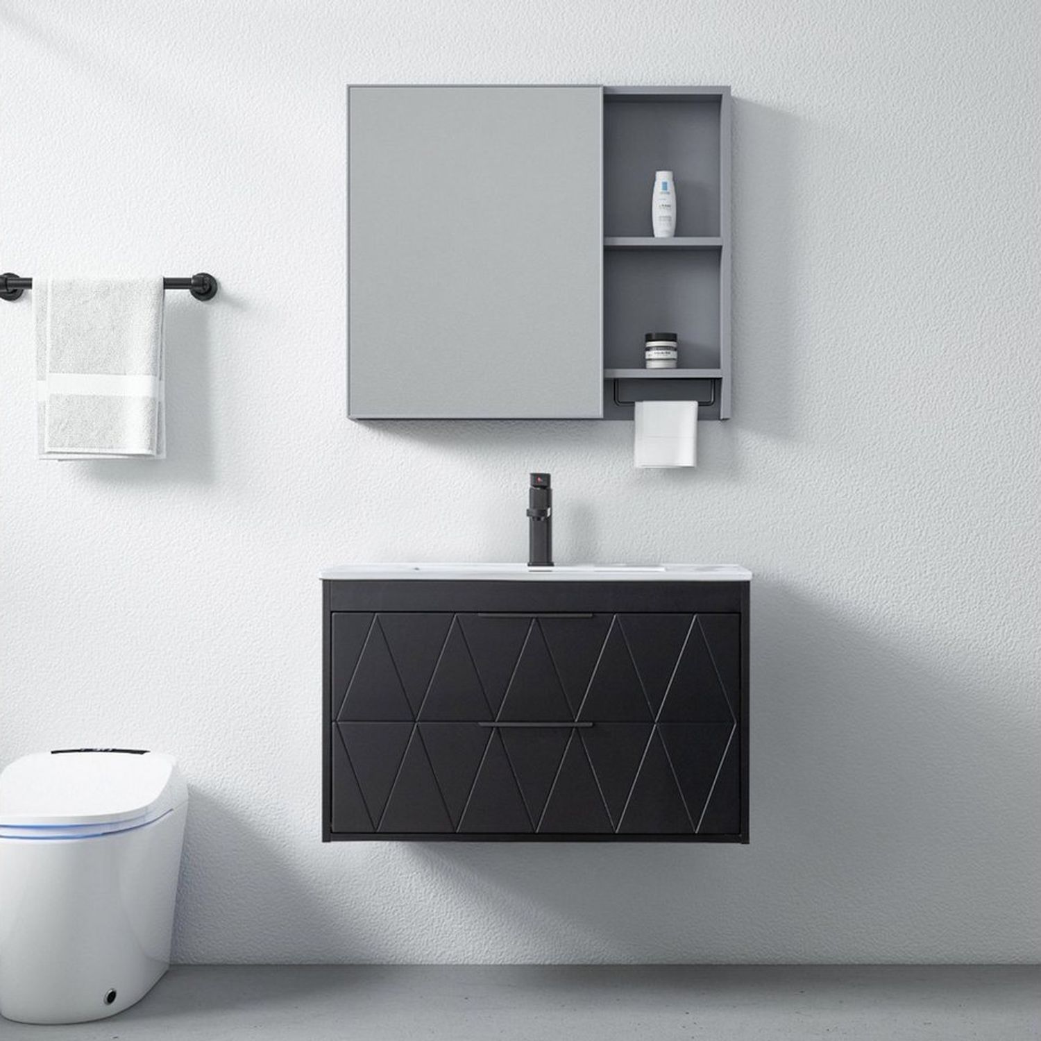 UEV Waschbeckenunterschrank 60cm/75cm/90cm hängend (Badezimmmer Möbel für Gäste WC) Schubladen mit Soft-close, Badmöbel Set für Badezimmer Bild 1